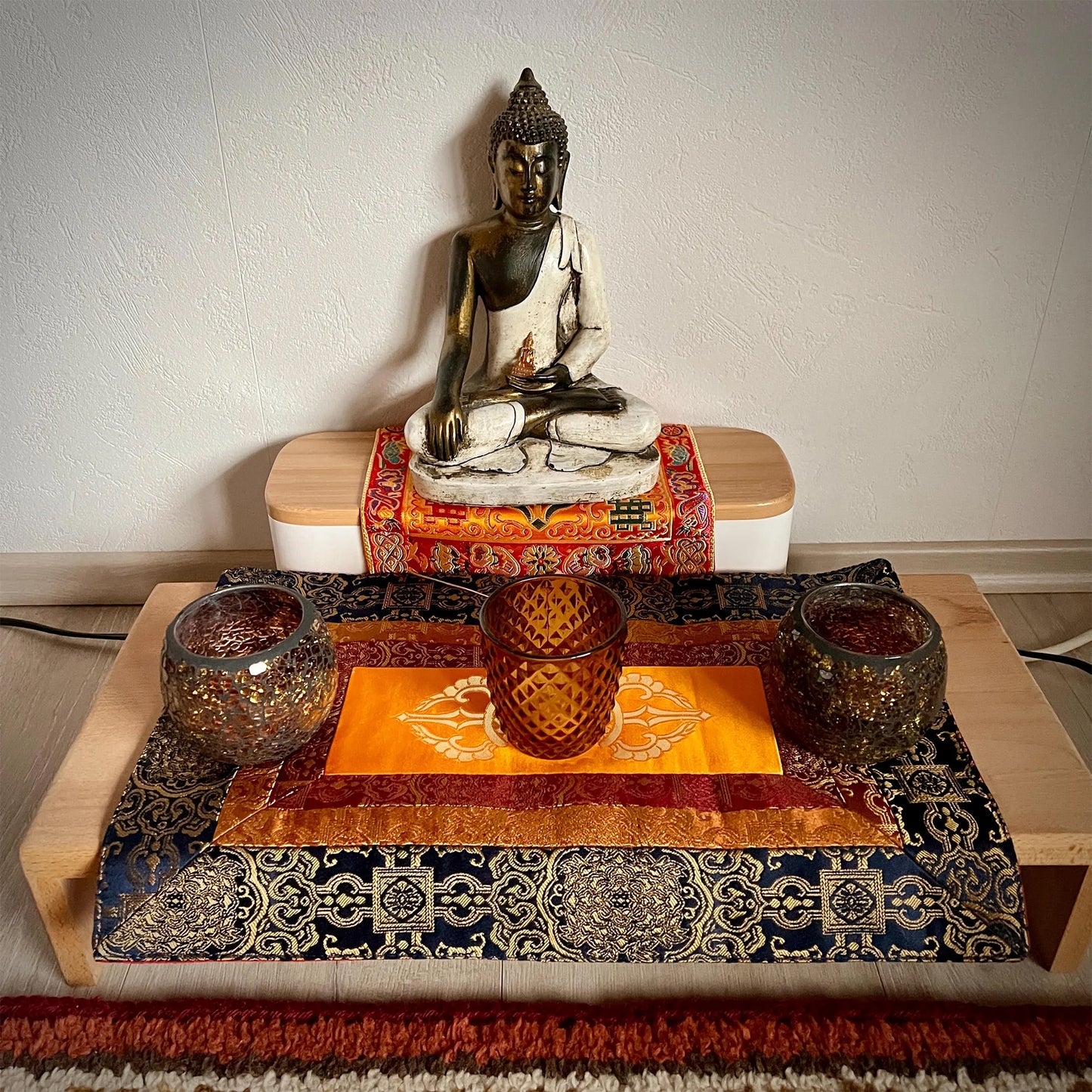 Tibetan Buddhism Om Brocade Shrine Table Cover Altar Cloth, Chinese Nepal Buddhist Vajra Mat, 16”X10.5”