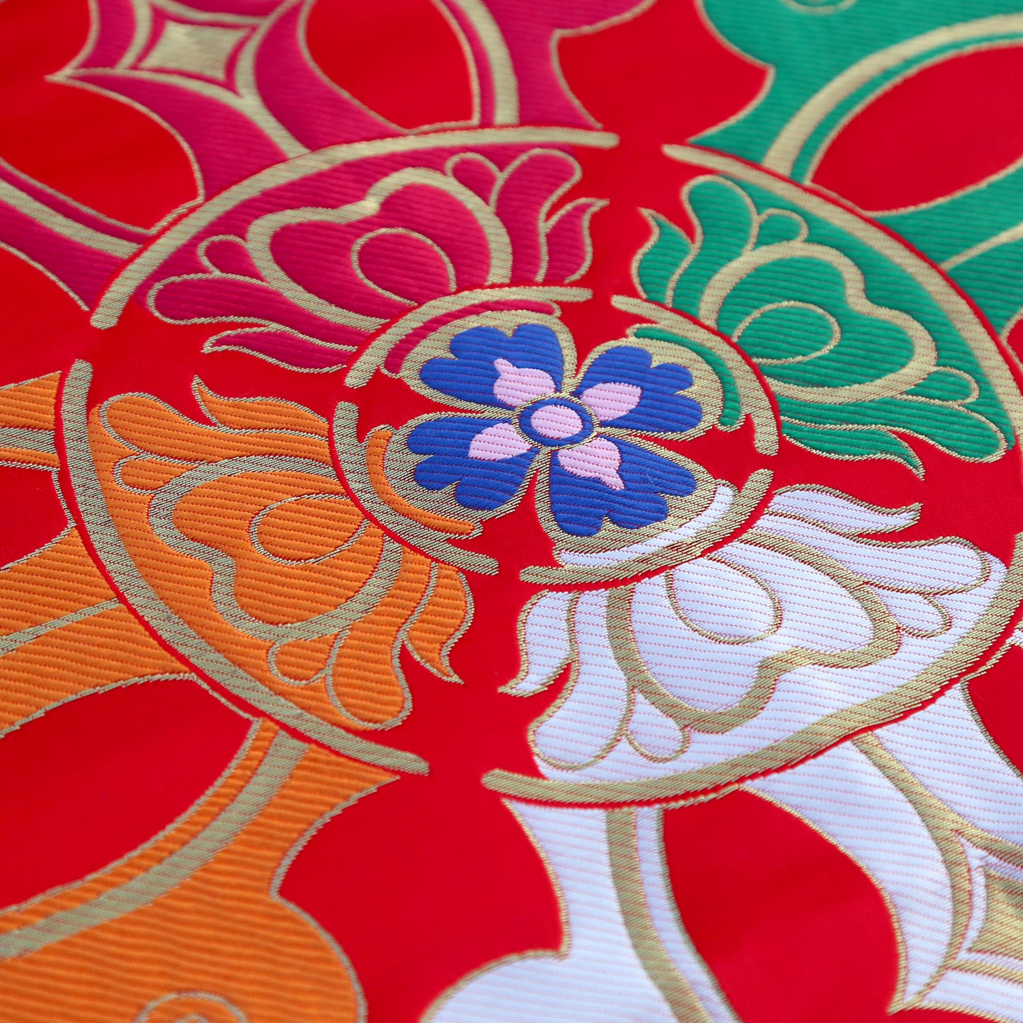 Tibetan Buddhist Ashtamangala Vajra Silk Brocade Shrine Table Cover Altar Cloth, 28”X28”, Red