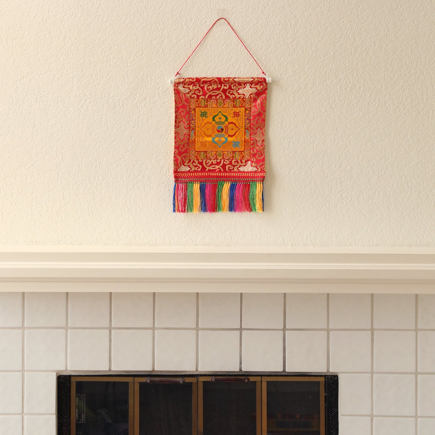 Tibetan Buddhist Cross Vajra Dorje Wall Hanging Tassels Small Tapestry, 18"X12", Asian Chinese Indian Wall Art Home Décor