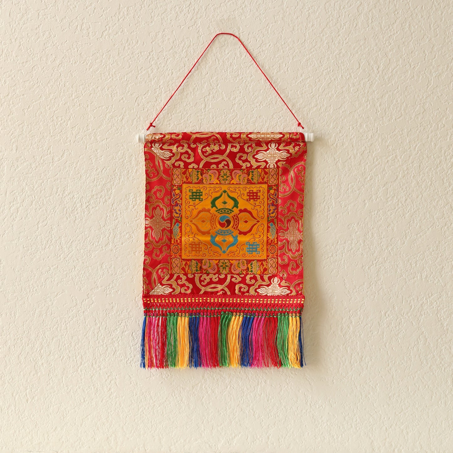 Tibetan Buddhist Cross Vajra Dorje Wall Hanging Tassels Small Tapestry, 18"X12", Asian Chinese Indian Wall Art Home Décor