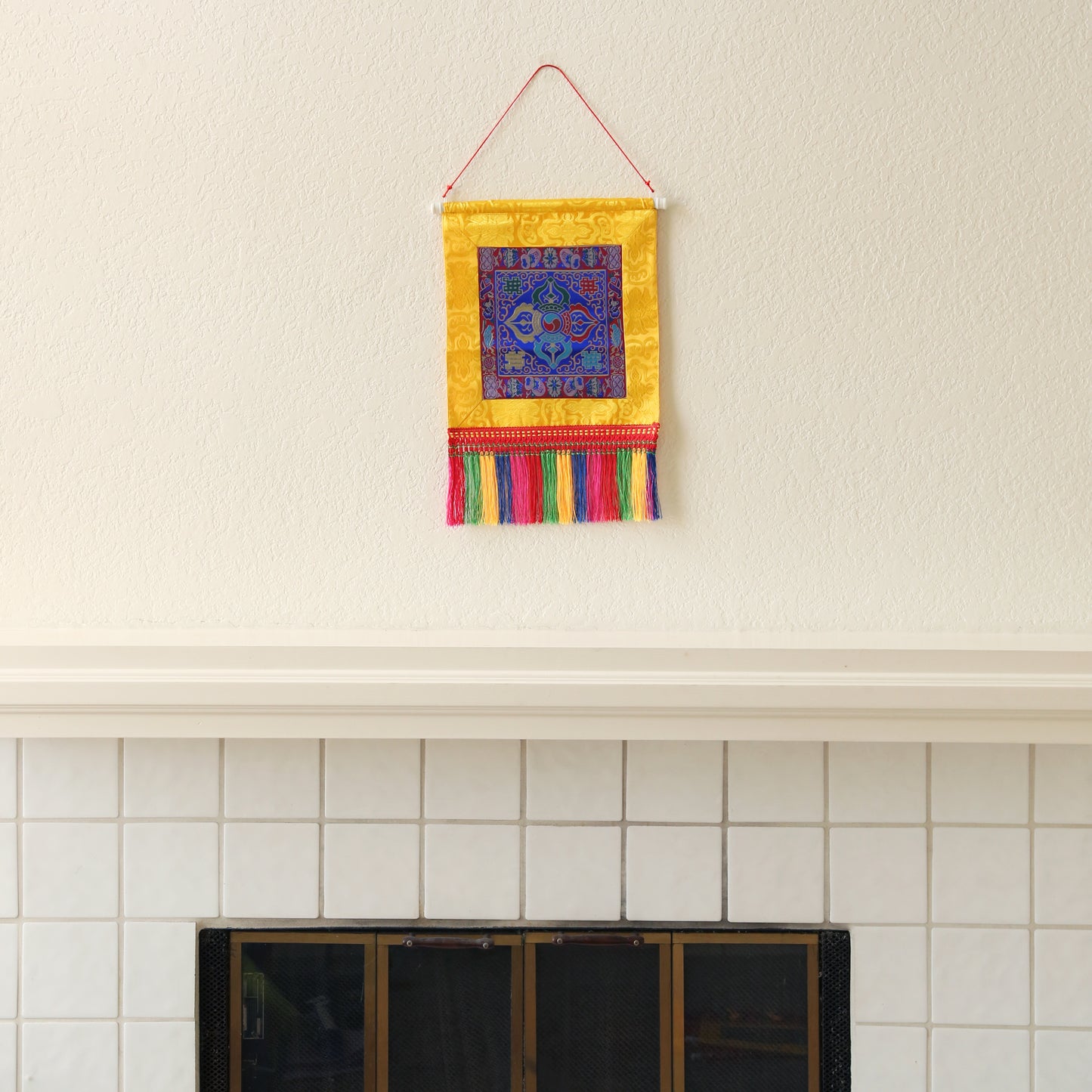 Tibetan Buddhist Cross Vajra Dorje Wall Hanging Tassels Small Tapestry, 18"X12", Asian Chinese Indian Wall Art Home Décor
