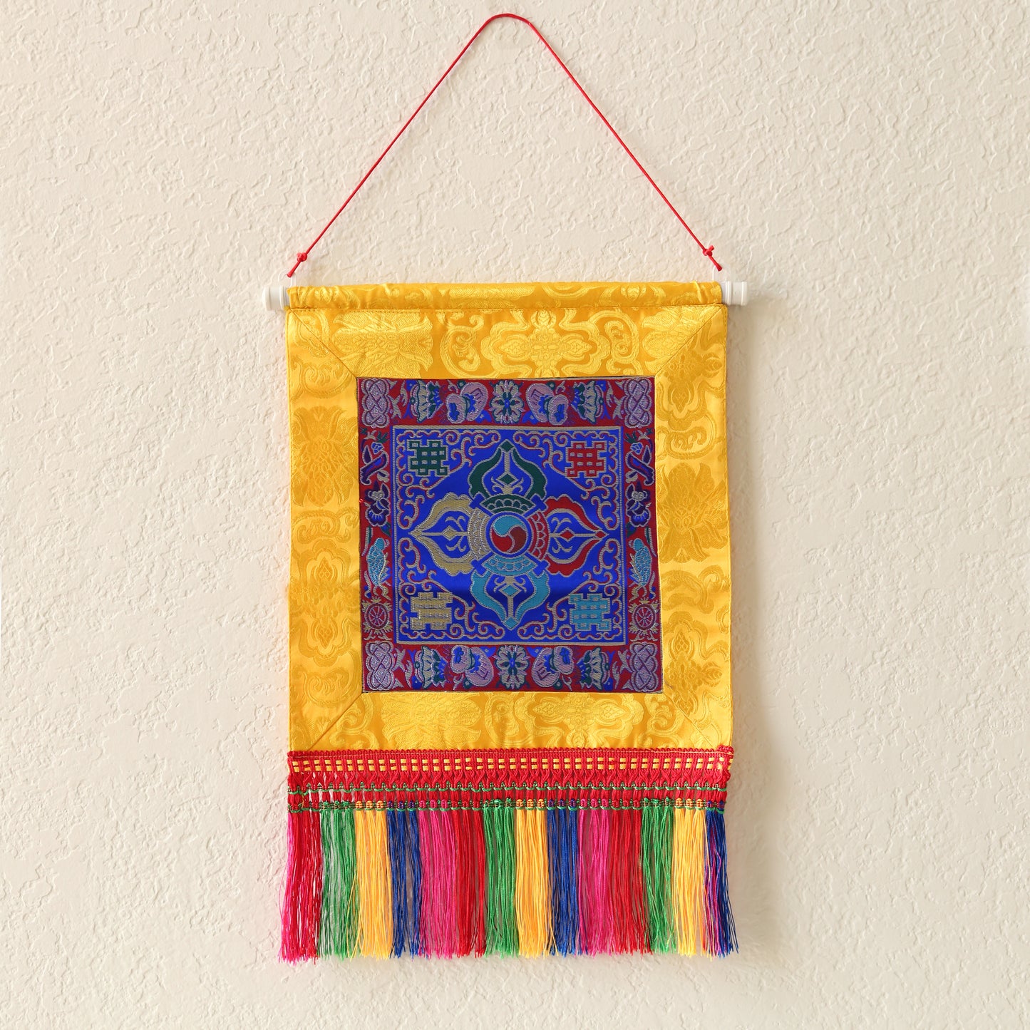Tibetan Buddhist Cross Vajra Dorje Wall Hanging Tassels Small Tapestry, 18"X12", Asian Chinese Indian Wall Art Home Décor