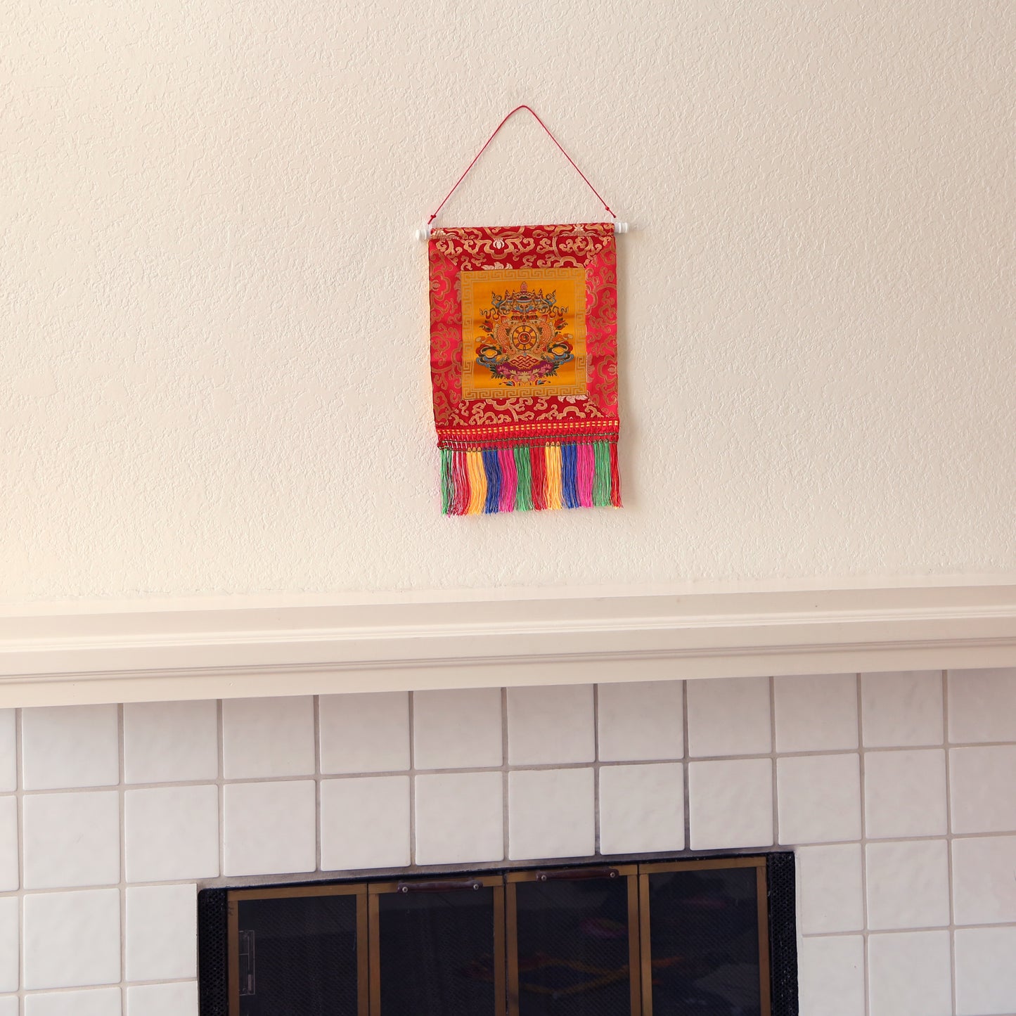 Tibetan Buddhist Ashtamangala Wall Hanging Tassels Tapestry, 18"X12", Asian Chinese Indian Wall Art Home Décor