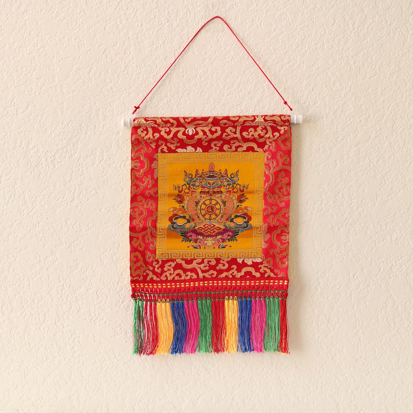Tibetan Buddhist Ashtamangala Wall Hanging Tassels Tapestry, 18"X12", Asian Chinese Indian Wall Art Home Décor