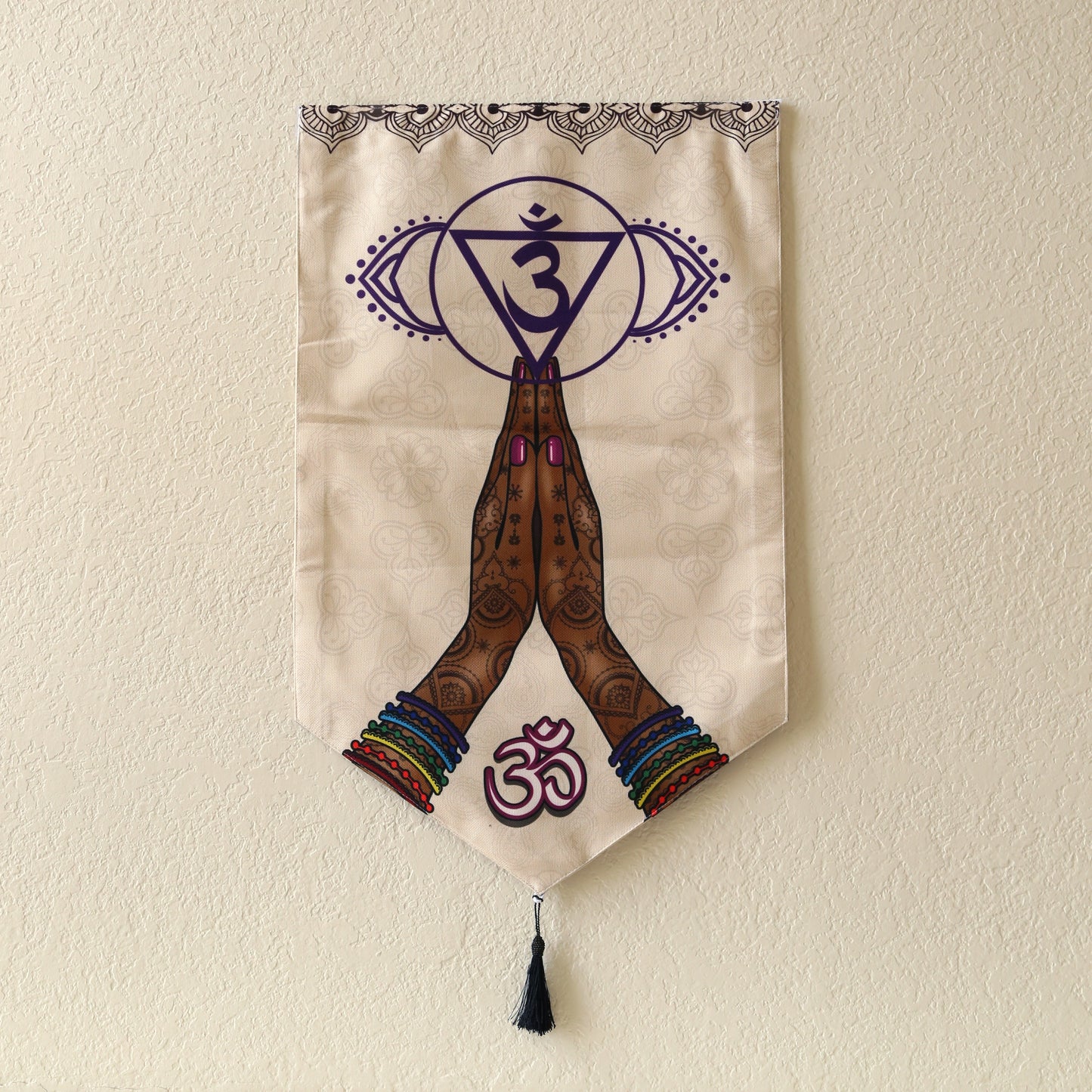 Buddhist Om Prayer Hands Large Canvas Tapestry Wall Hanging, 19.5"X32", Buddhist Om Asian Chinese Indian Wall Art Decor