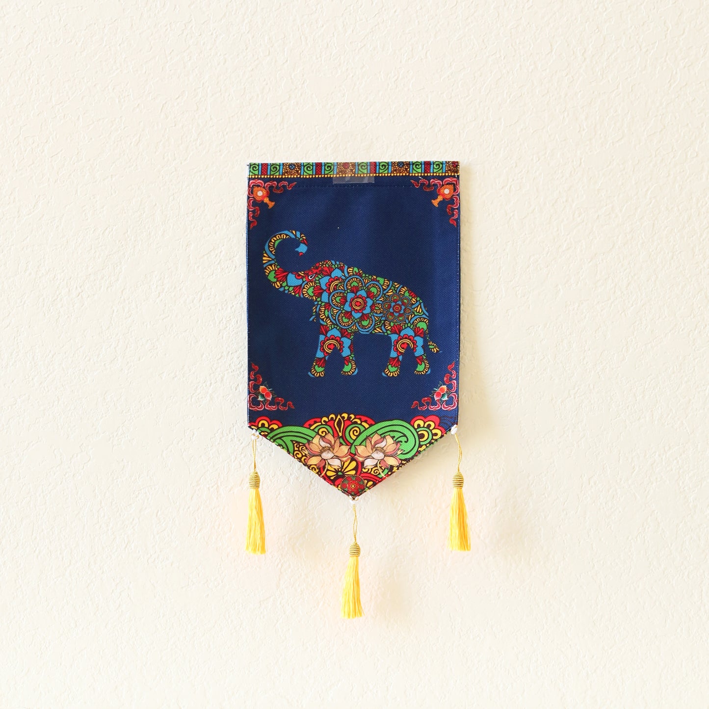 Thai Style Buddhist Om Symbol Small Canvas Tapestry Wall Hanging Tassels, 9.5"X16", Asian Chinese Indian Wall Art