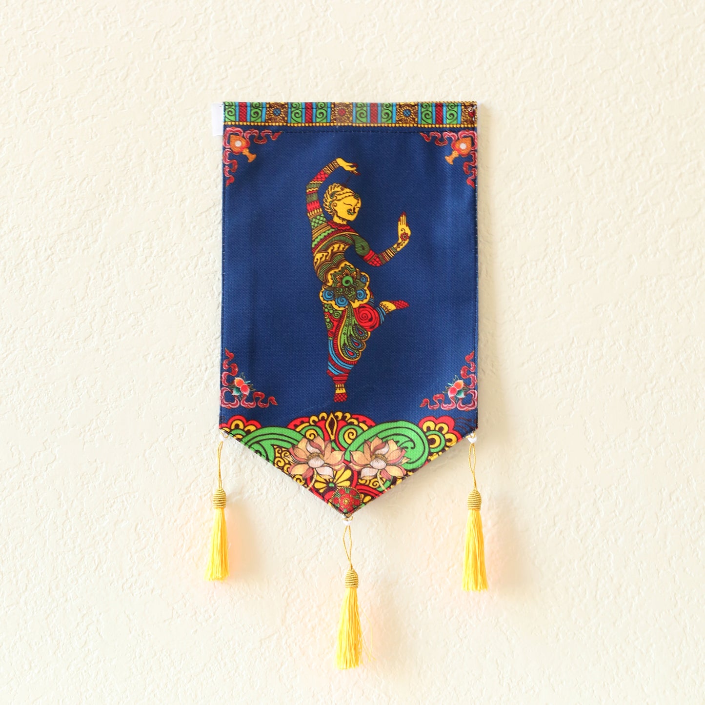 Thai Style Buddhist Om Symbol Small Canvas Tapestry Wall Hanging Tassels, 9.5"X16", Asian Chinese Indian Wall Art