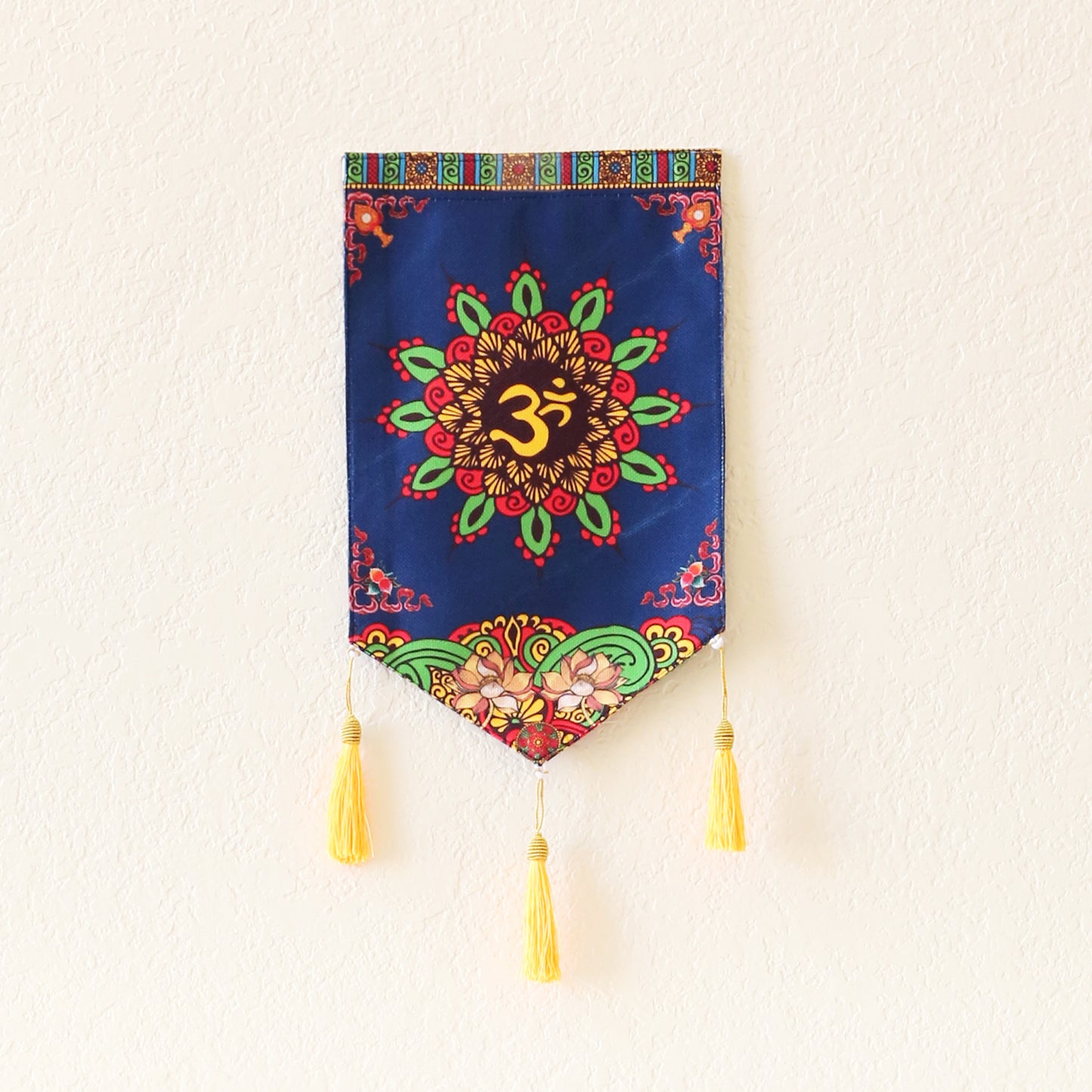 Thai Style Buddhist Om Symbol Small Canvas Tapestry Wall Hanging Tassels, 9.5"X16", Asian Chinese Indian Wall Art
