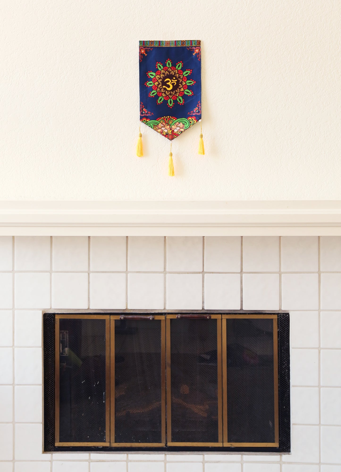 Thai Style Buddhist Om Symbol Small Canvas Tapestry Wall Hanging Tassels, 9.5"X16", Asian Chinese Indian Wall Art