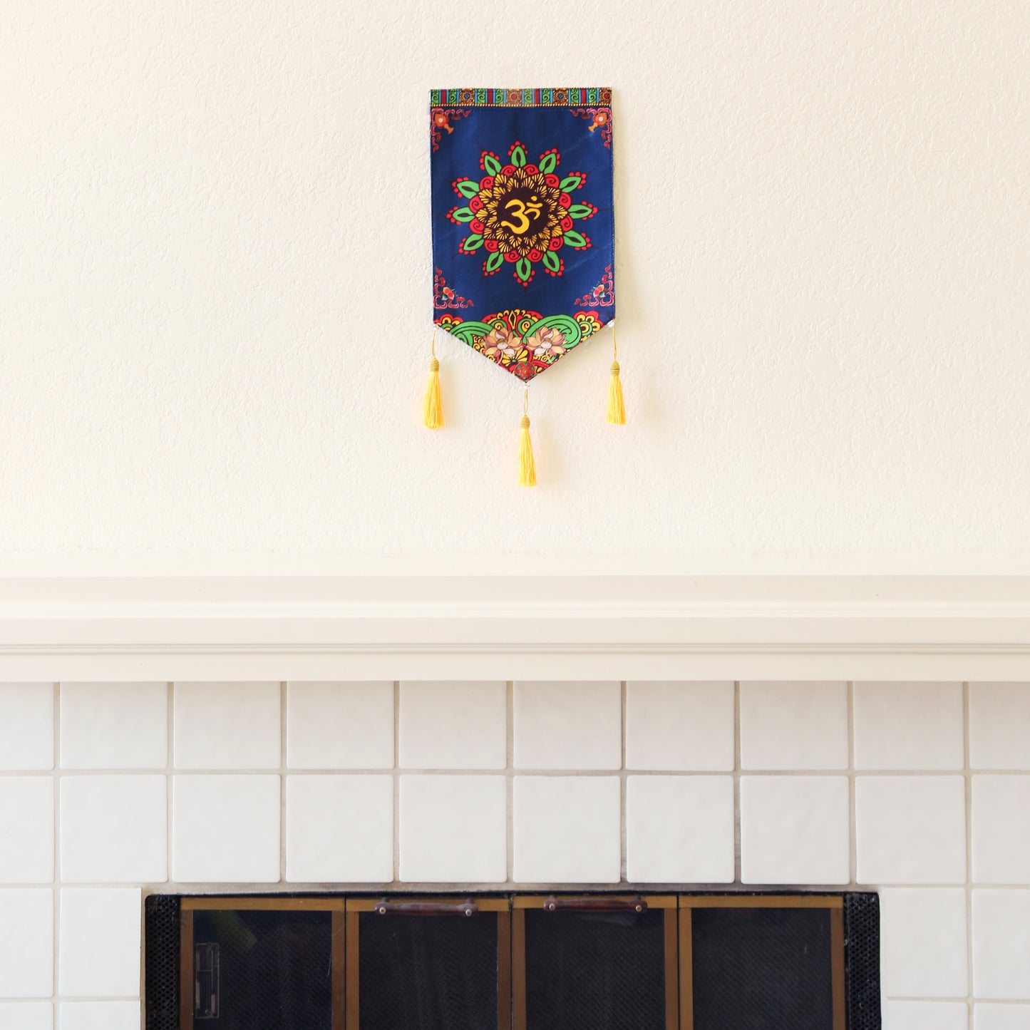 Thai Style Buddhist Om Symbol Small Canvas Tapestry Wall Hanging Tassels, 9.5"X16", Asian Chinese Indian Wall Art