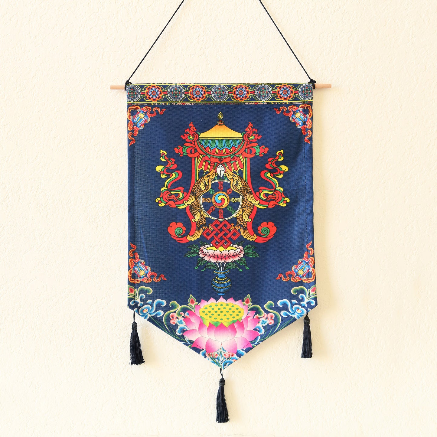 Tibetan Buddhist Golden Wheel Wall Hanging Tassels Tapestry, 25"X16" Blue, Asian Chinese Indian Wall Art Home Décor