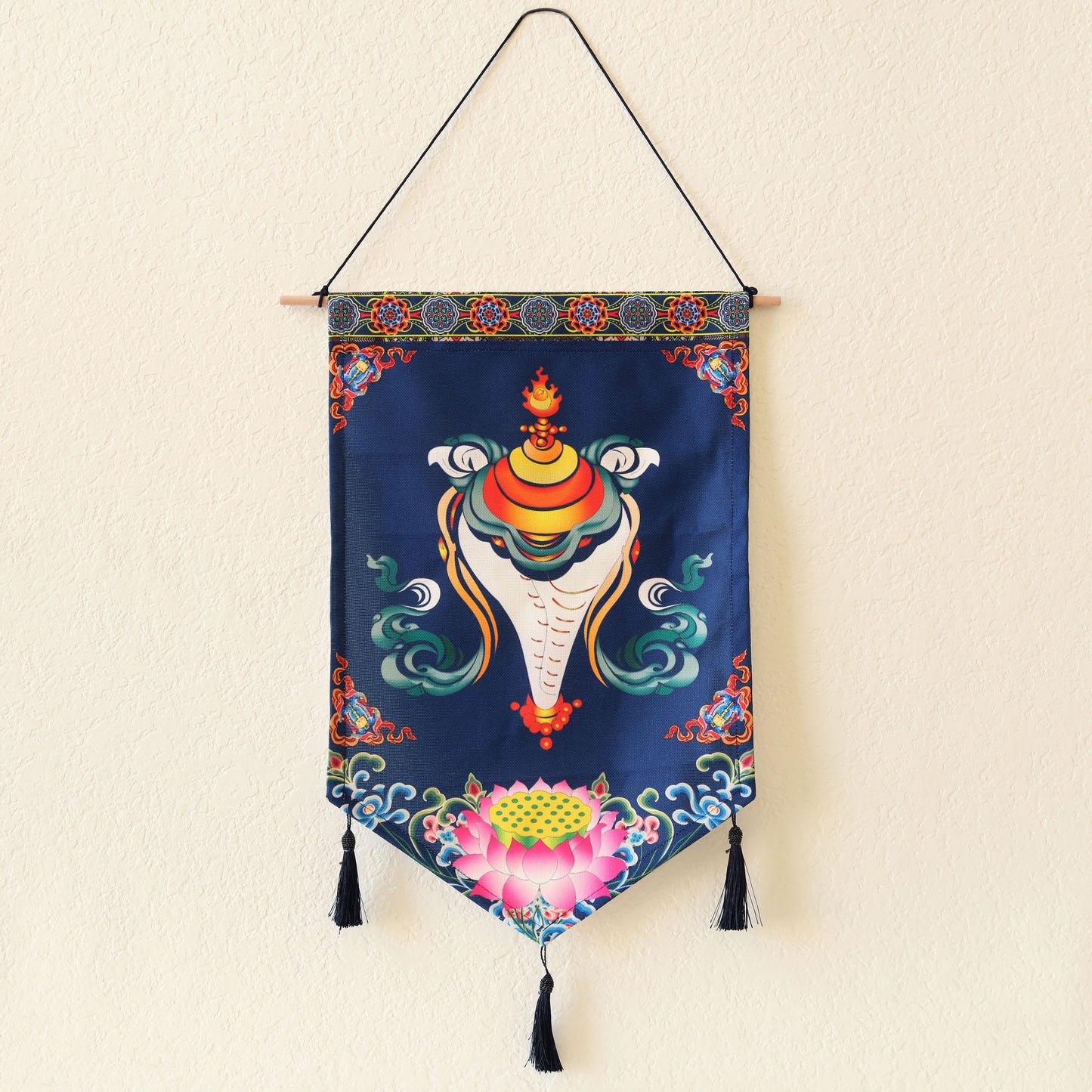 Tibetan Buddhist Golden Wheel Wall Hanging Tassels Tapestry, 25"X16" Blue, Asian Chinese Indian Wall Art Home Décor