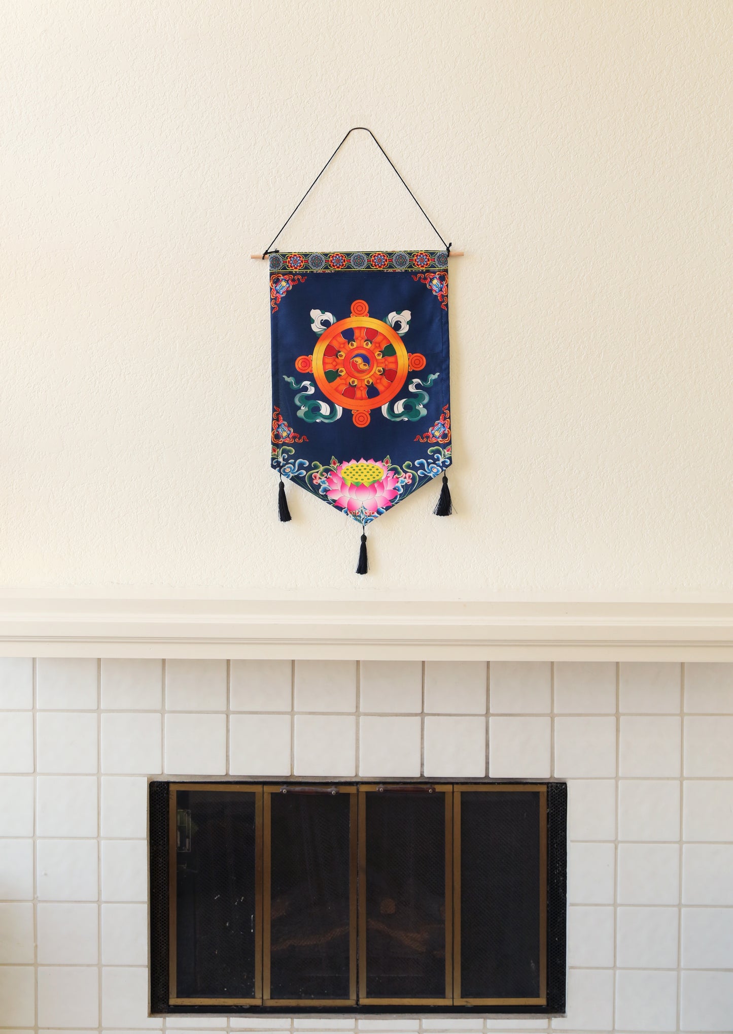 Tibetan Buddhist Golden Wheel Wall Hanging Tassels Tapestry, 25"X16" Blue, Asian Chinese Indian Wall Art Home Décor