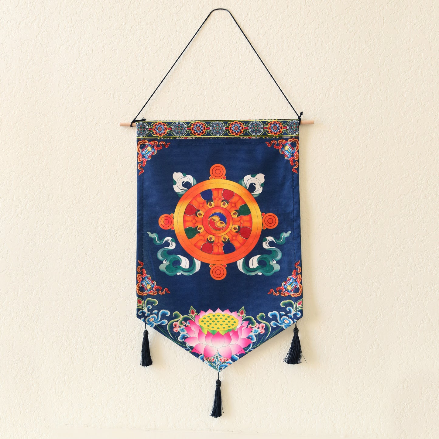 Tibetan Buddhist Golden Wheel Wall Hanging Tassels Tapestry, 25"X16" Blue, Asian Chinese Indian Wall Art Home Décor