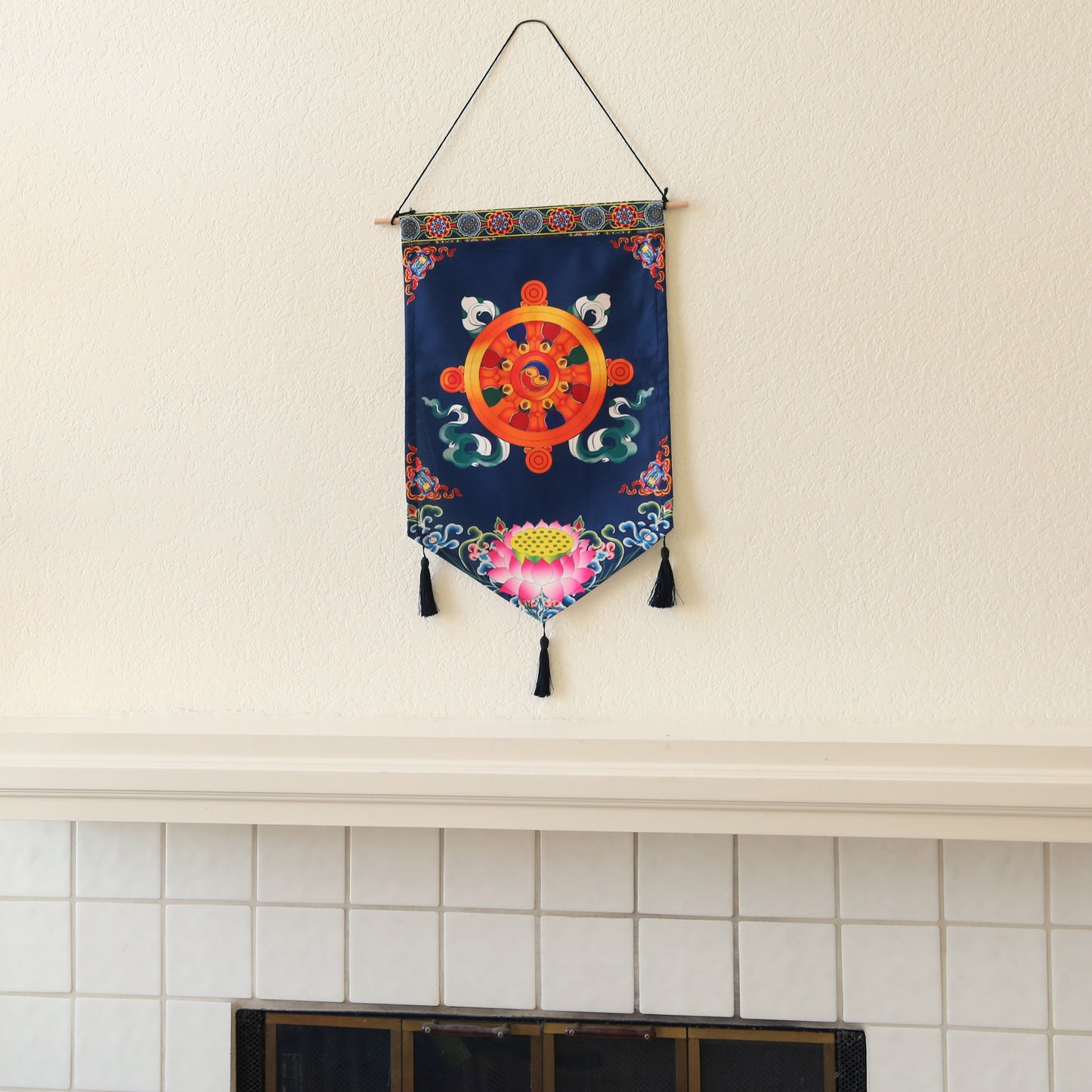 Tibetan Buddhist Golden Wheel Wall Hanging Tassels Tapestry, 25"X16" Blue, Asian Chinese Indian Wall Art Home Décor
