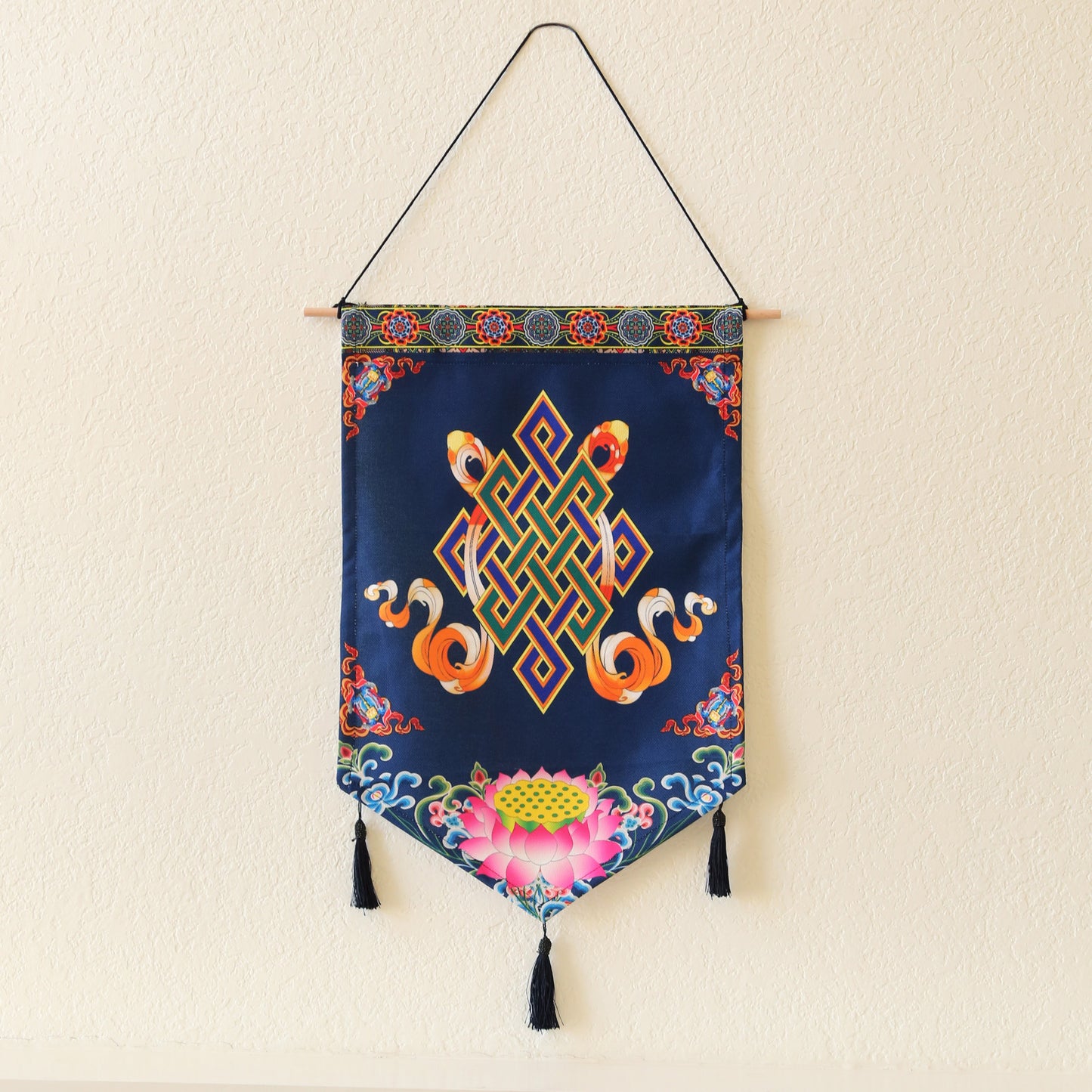 Tibetan Buddhist Golden Wheel Wall Hanging Tassels Tapestry, 25"X16" Blue, Asian Chinese Indian Wall Art Home Décor