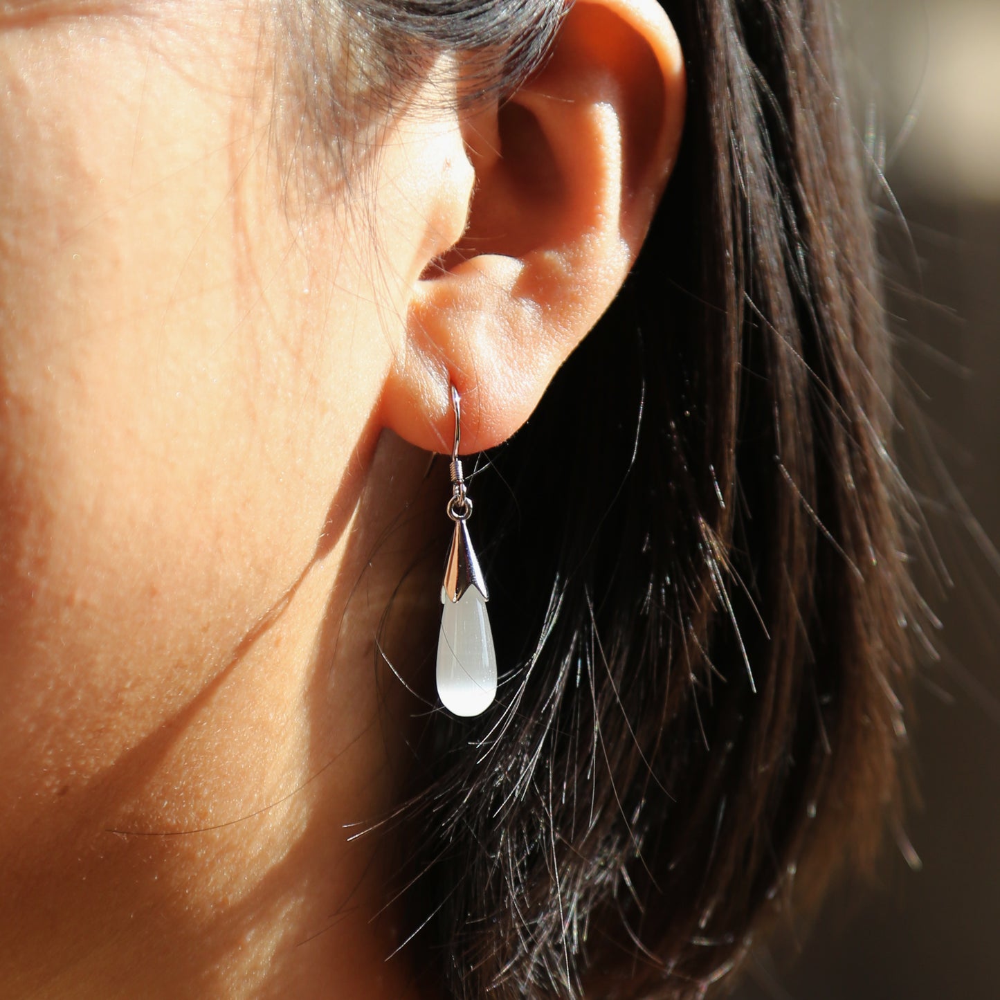 Cats Eye Sterling Silver Dangle and Drop Earrings, Gem Stone Boho Chic Bali Style