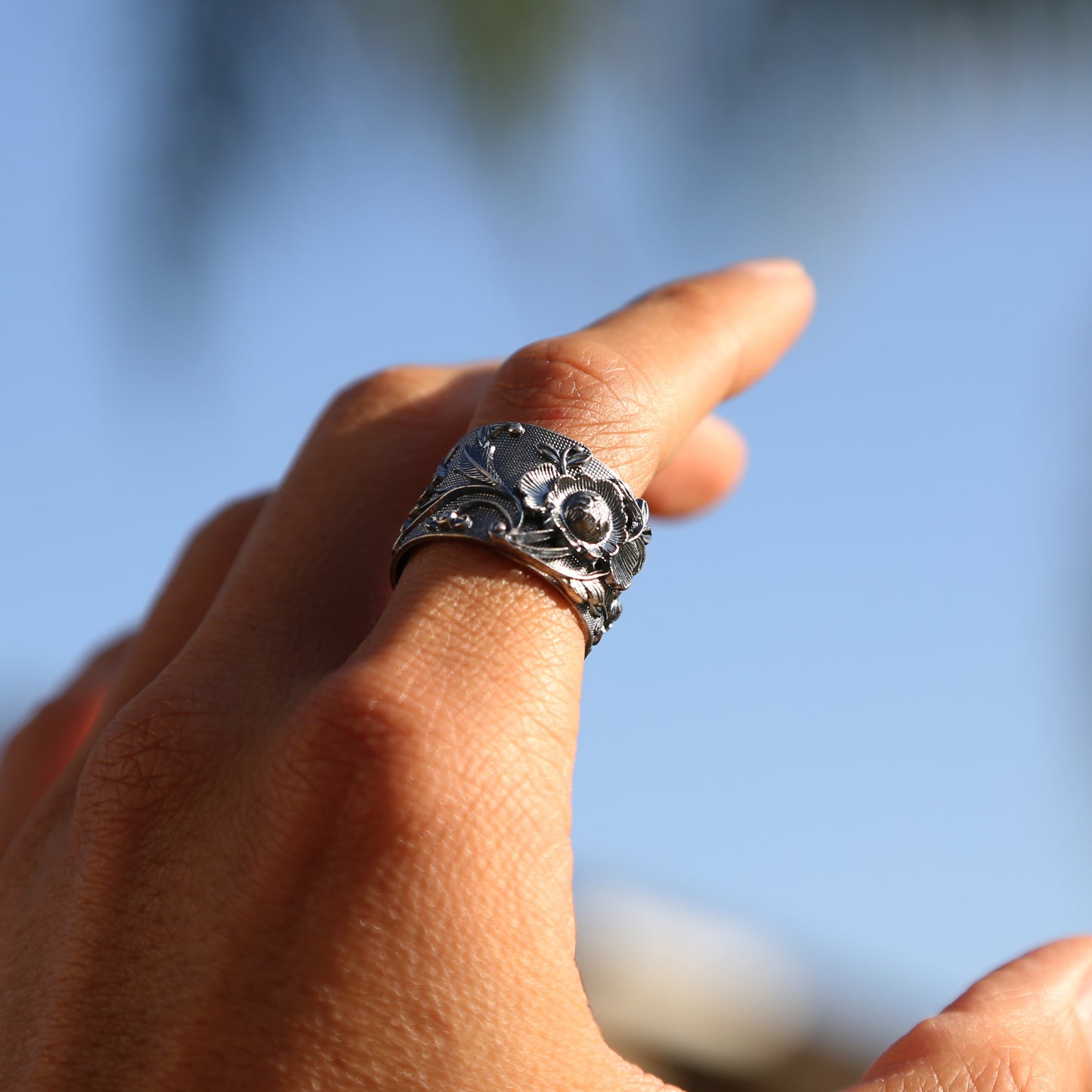 Vintage Style Embossed Flower Adjustable Silver Ring, Chinese Lotus Buddhist Mens Ring (S)