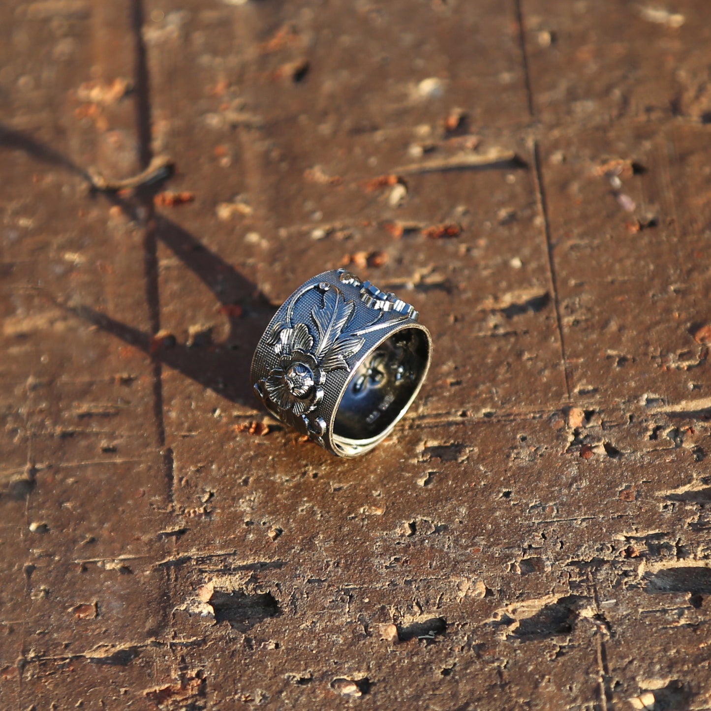 Vintage Style Embossed Flower Adjustable Silver Ring, Chinese Lotus Buddhist Mens Ring (S)