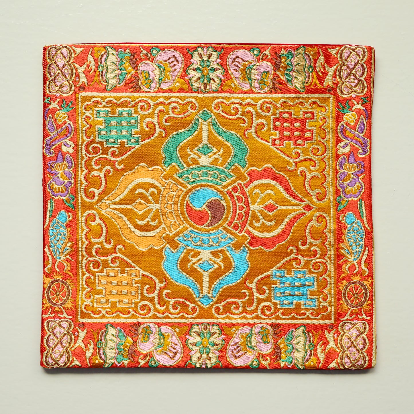 Tibetan Buddhist Cross Vajra Silk Brocade Shrine Table Cover Altar Cloth, 8”X8”, Red/Blue/Yellow