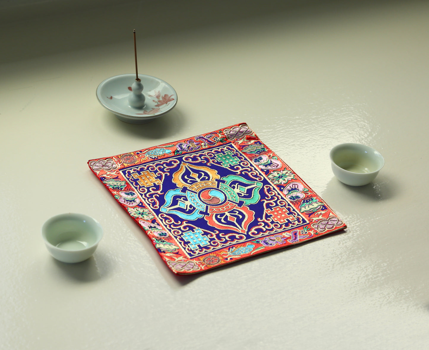 Tibetan Buddhist Cross Vajra Silk Brocade Shrine Table Cover Altar Cloth, 8”X8”, Red/Blue/Yellow