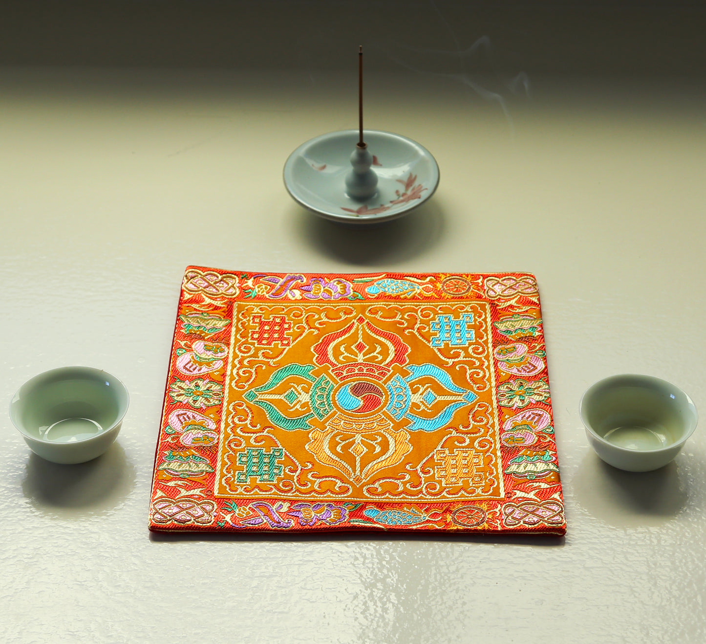 Tibetan Buddhist Cross Vajra Silk Brocade Shrine Table Cover Altar Cloth, 8”X8”, Red/Blue/Yellow