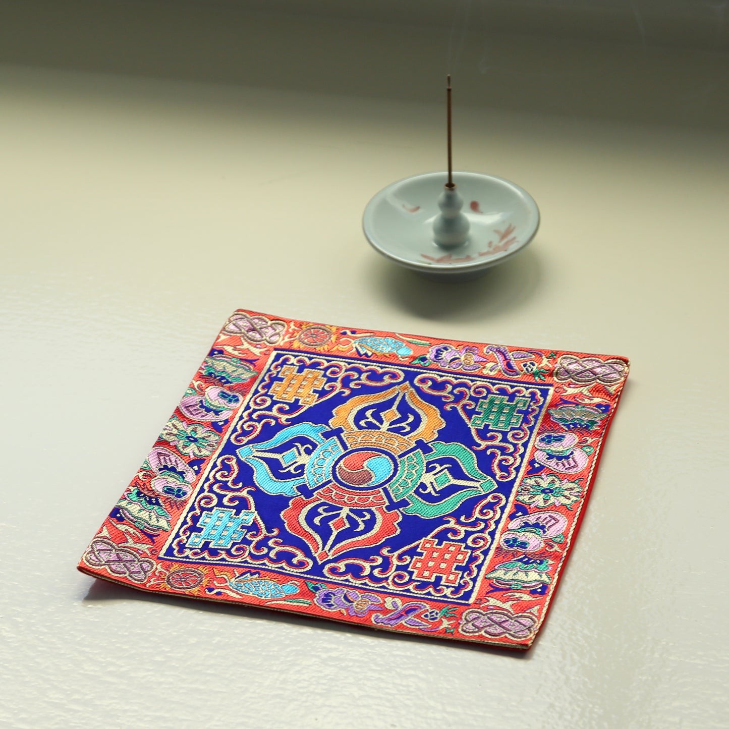 Tibetan Buddhist Cross Vajra Silk Brocade Shrine Table Cover Altar Cloth, 8”X8”, Red/Blue/Yellow