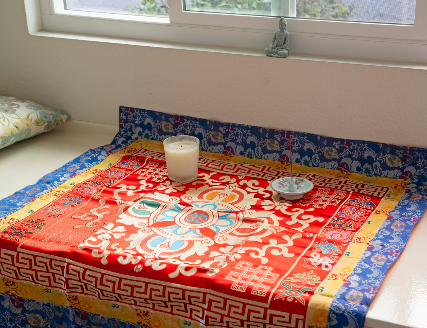 Multi-Color Tibetan Buddhist Ashtamangala Vajra Silk Brocade Shrine Table Cover Altar Cloth, 35”X35”