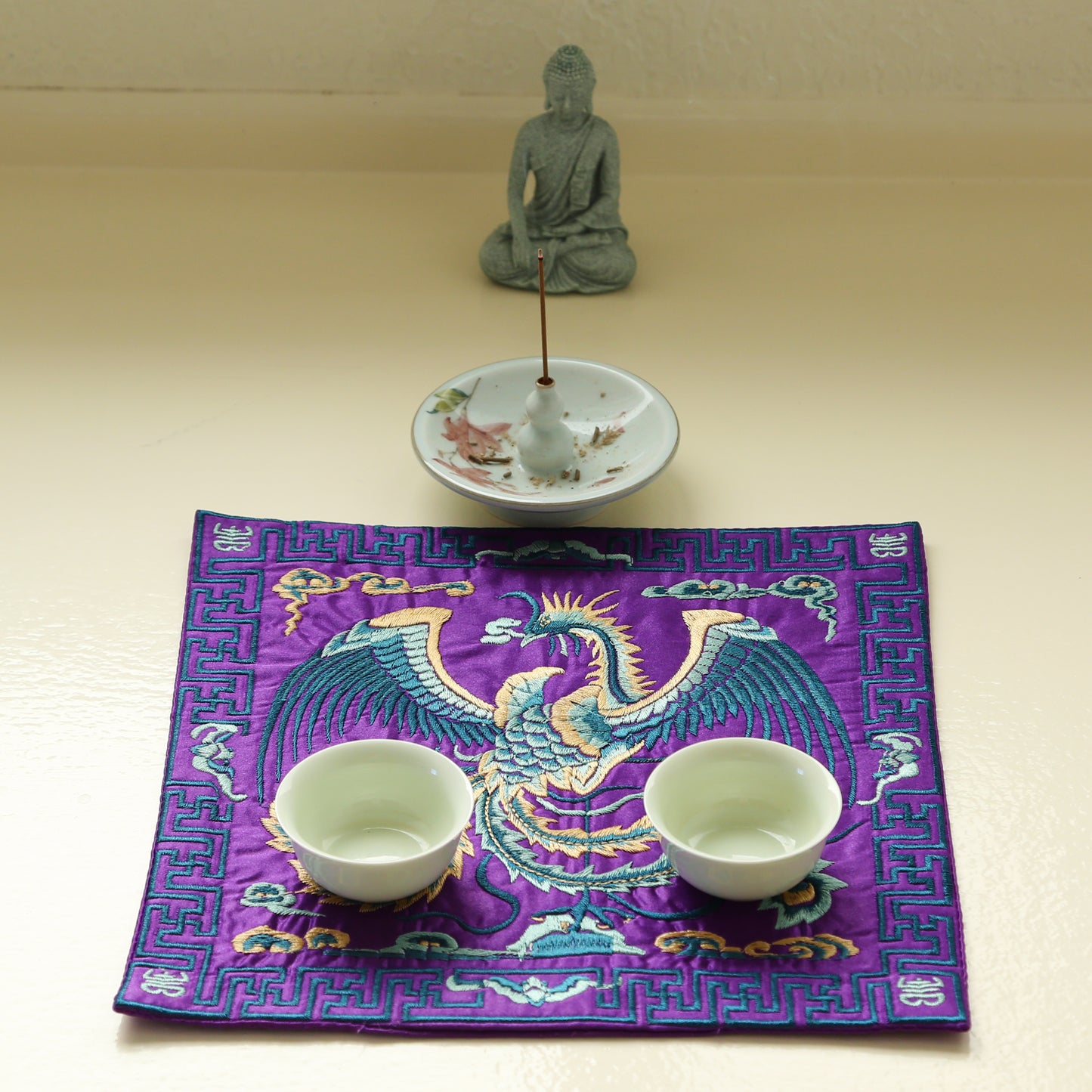 Traditional Chinese Phoenix Embroider Silk Brocade Shrine Table Cover Altar Cloth, 10.5”X10.5”, Purple/Yellow
