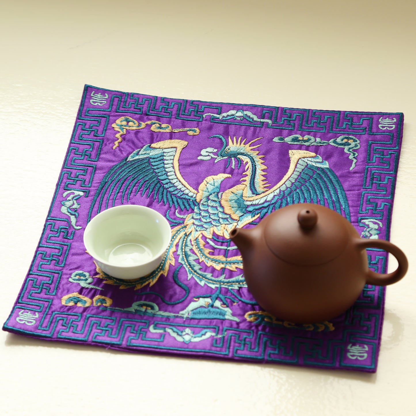 Traditional Chinese Phoenix Embroider Silk Brocade Shrine Table Cover Altar Cloth, 10.5”X10.5”, Purple/Yellow