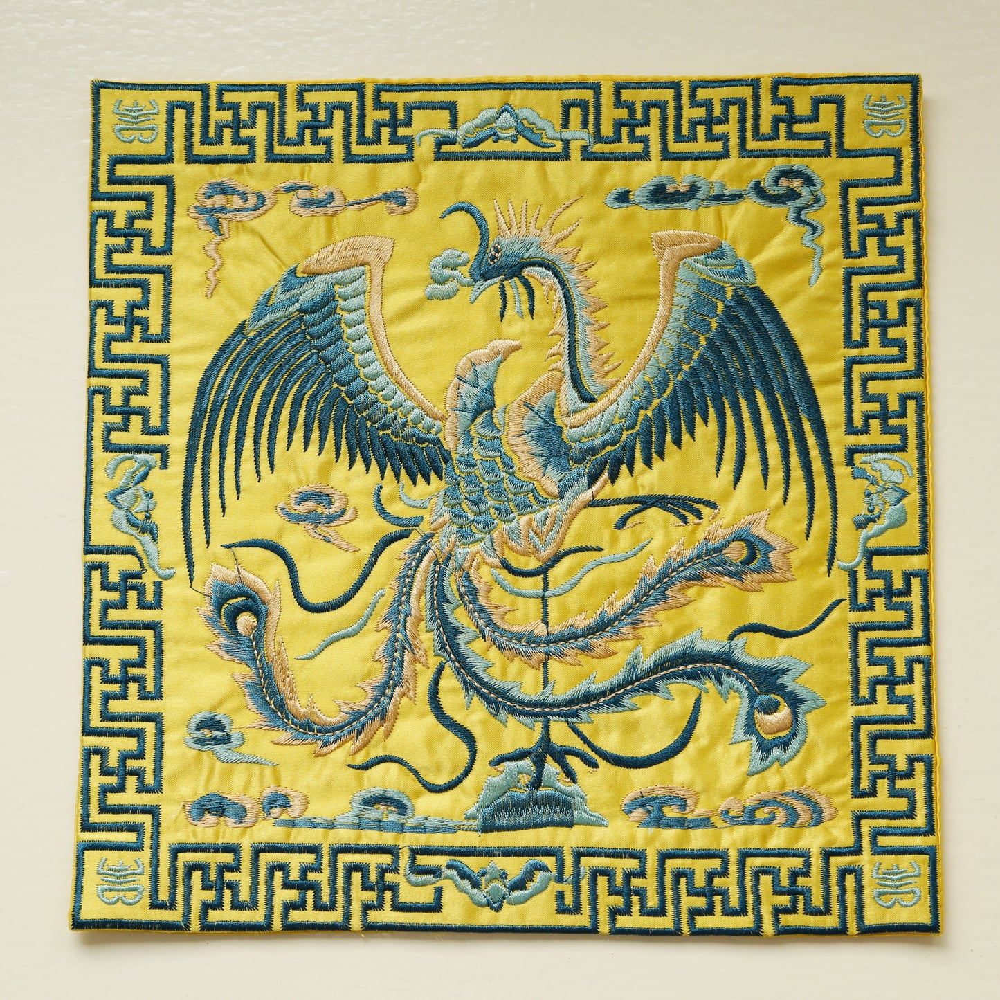 Traditional Chinese Phoenix Embroider Silk Brocade Shrine Table Cover Altar Cloth, 10.5”X10.5”, Purple/Yellow