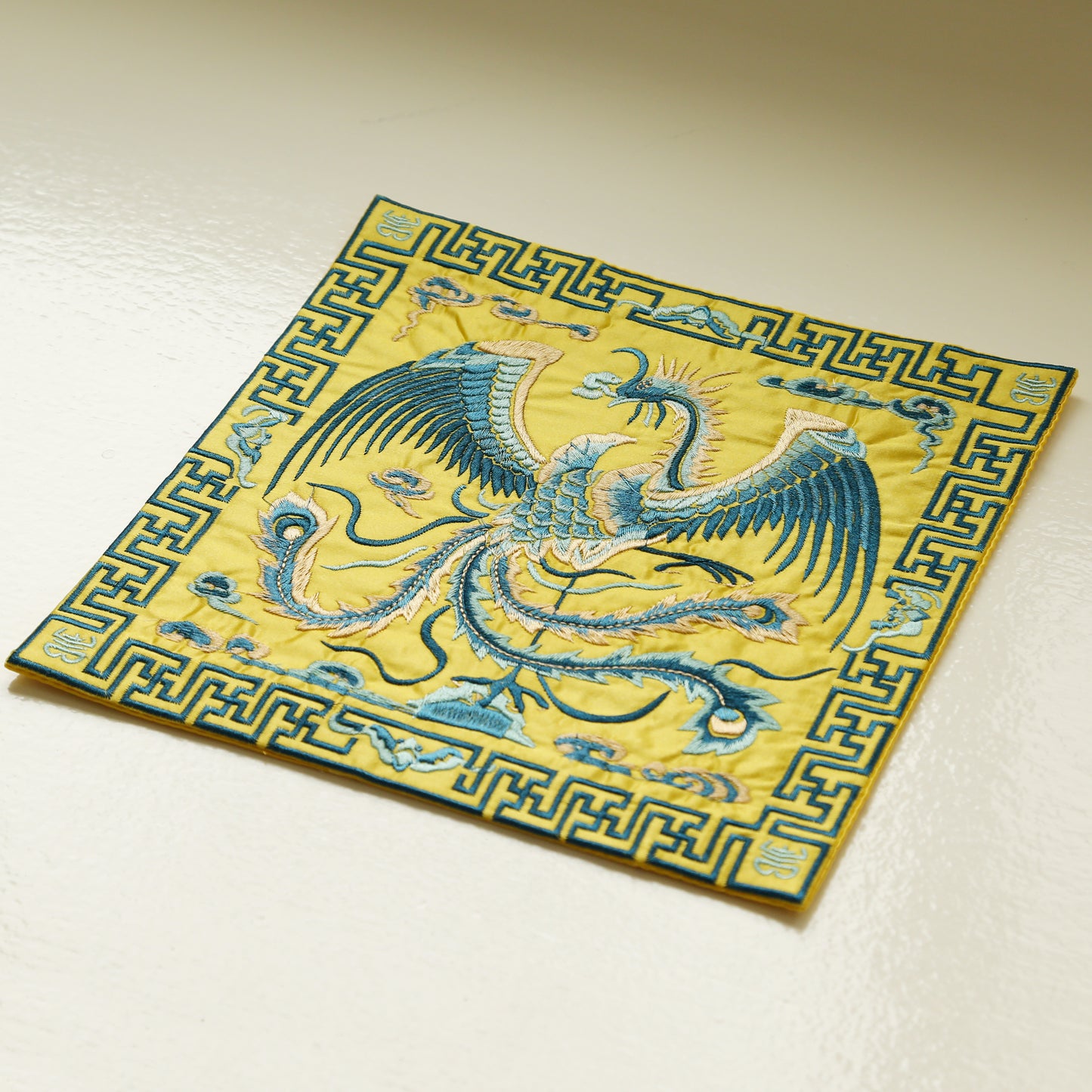 Traditional Chinese Phoenix Embroider Silk Brocade Shrine Table Cover Altar Cloth, 10.5”X10.5”, Purple/Yellow
