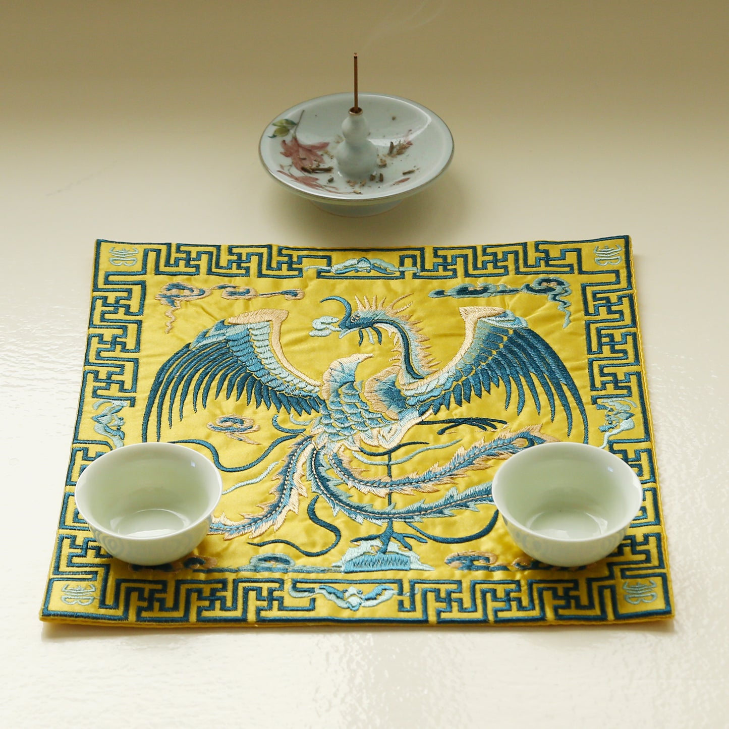 Traditional Chinese Phoenix Embroider Silk Brocade Shrine Table Cover Altar Cloth, 10.5”X10.5”, Purple/Yellow
