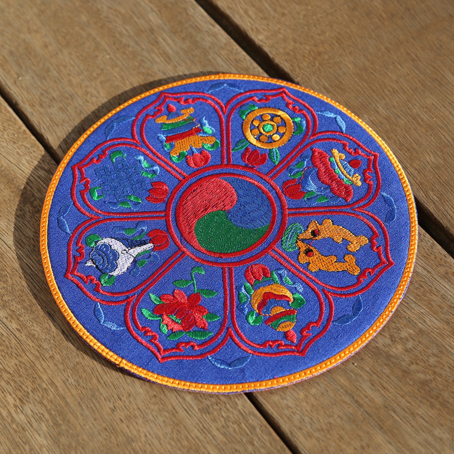 Round 8" Tibetan Buddhist Ashtamangala Silk Brocade Shrine Table Cover Altar Mat, Blue/Red