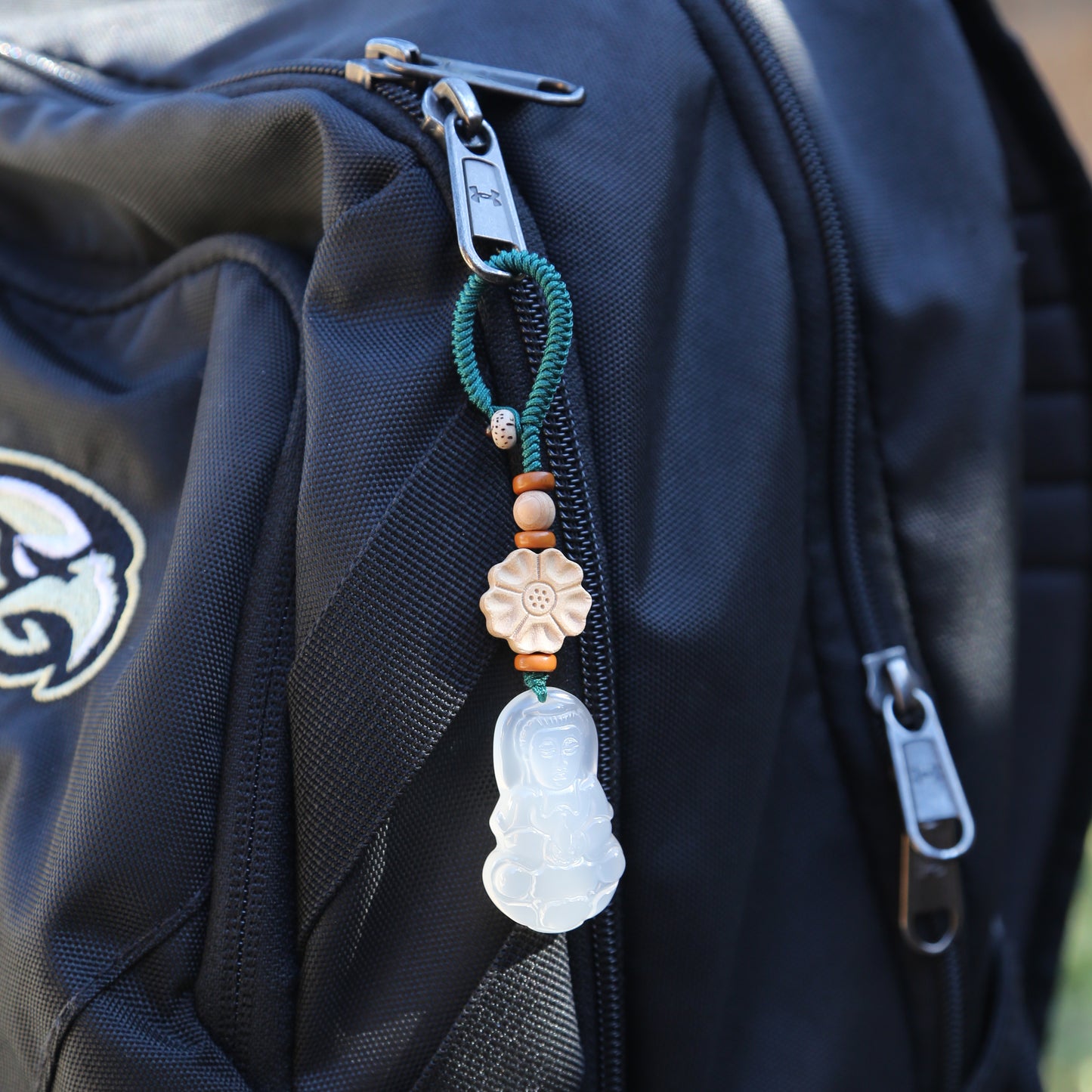 Carved Buddha Keychain Lucky Bag Charm Zipper Charm, White Jade-Look Resin Pendant, Tibetan Buddhism Car Mirror Charm Lanyard (S)