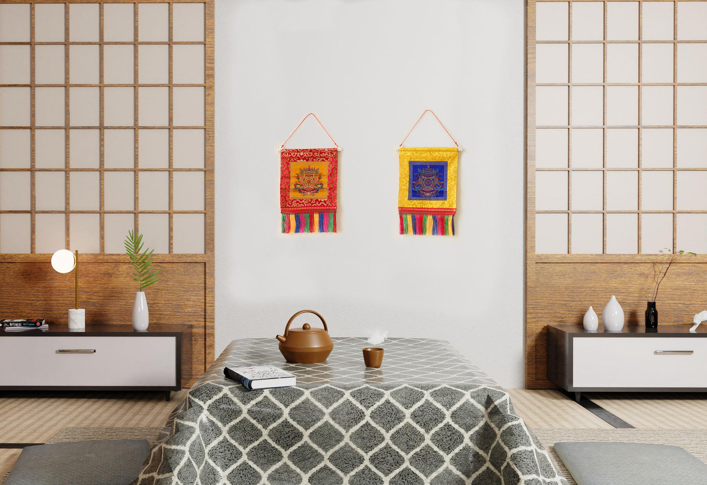 Tibetan Buddhist Ashtamangala Wall Hanging Tassels Tapestry, 18"X12", Asian Chinese Indian Wall Art Home Décor