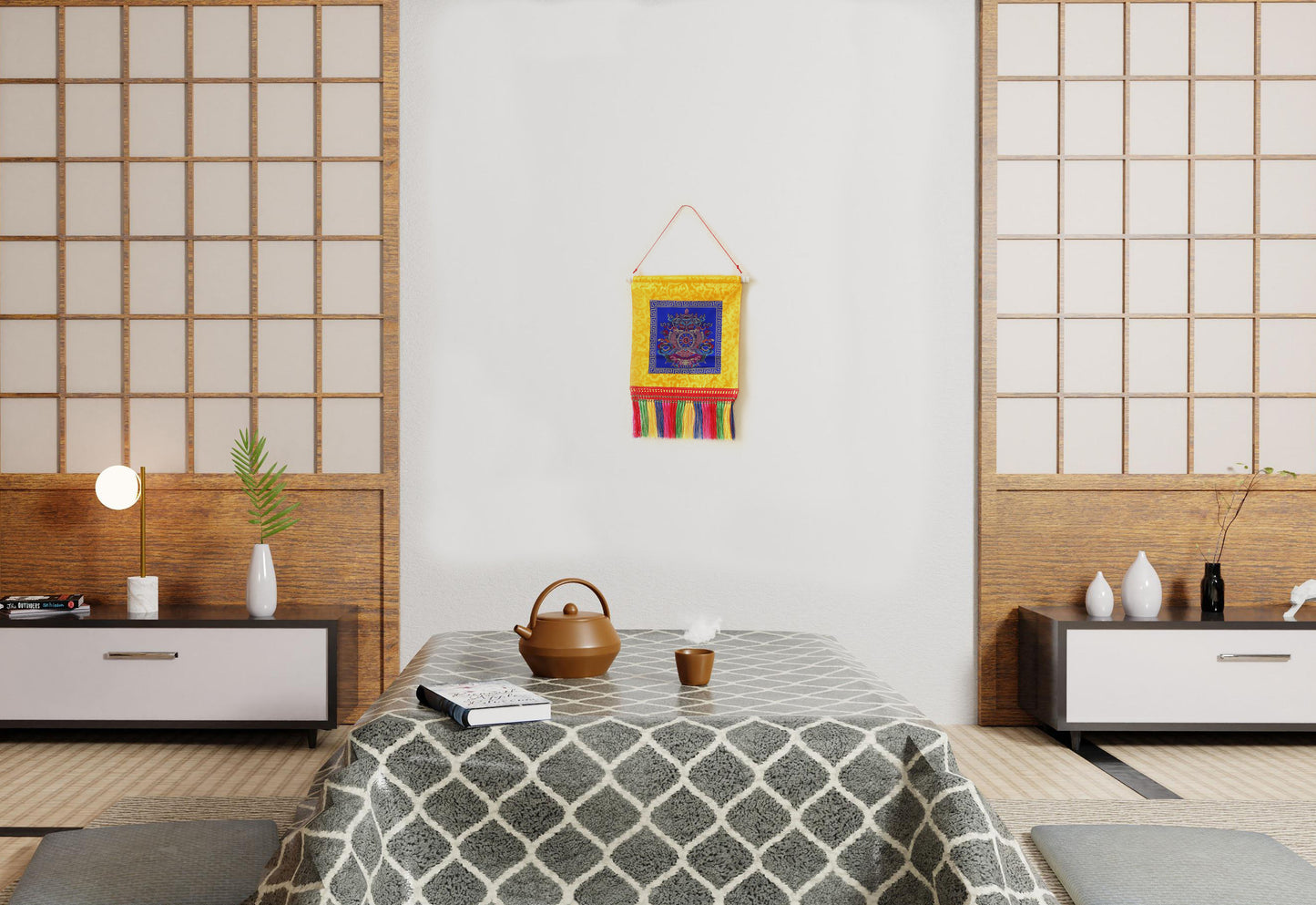 Tibetan Buddhist Ashtamangala Wall Hanging Tassels Tapestry, 18"X12", Asian Chinese Indian Wall Art Home Décor