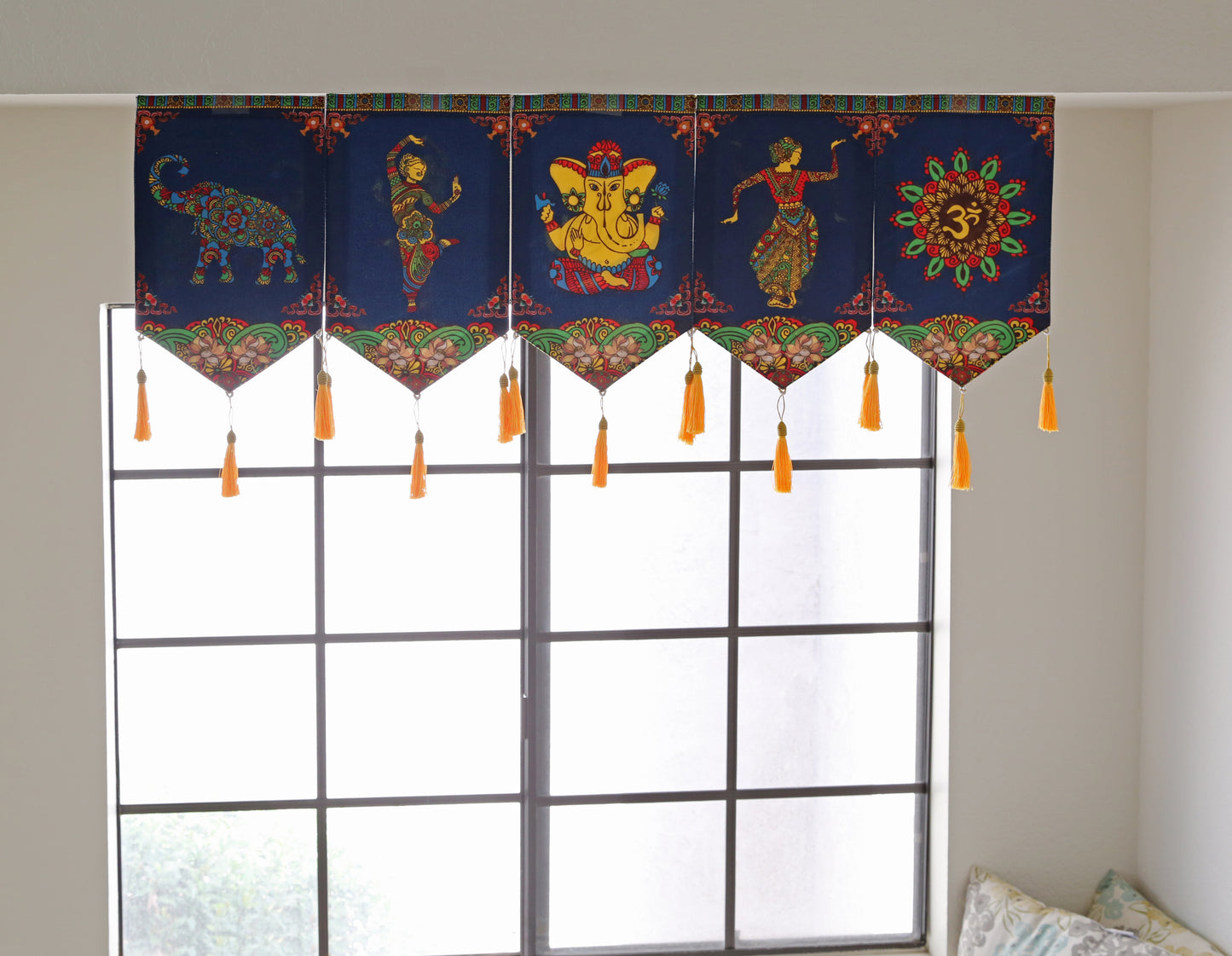 Thai Style Buddhist Om Symbol Small Canvas Tapestry Wall Hanging Tassels, 9.5"X16", Asian Chinese Indian Wall Art