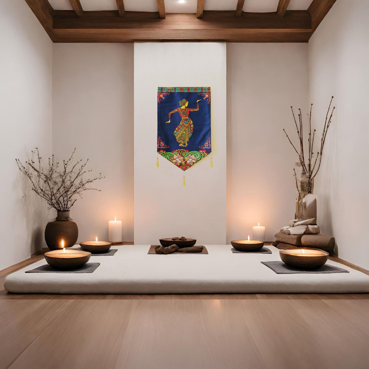 Thai Style Dance Large Canvas Tapestry Wall Hanging Tassels, 19.5"X32", Asian Chinese Indian Wall Art Buddhist Om Home Decor