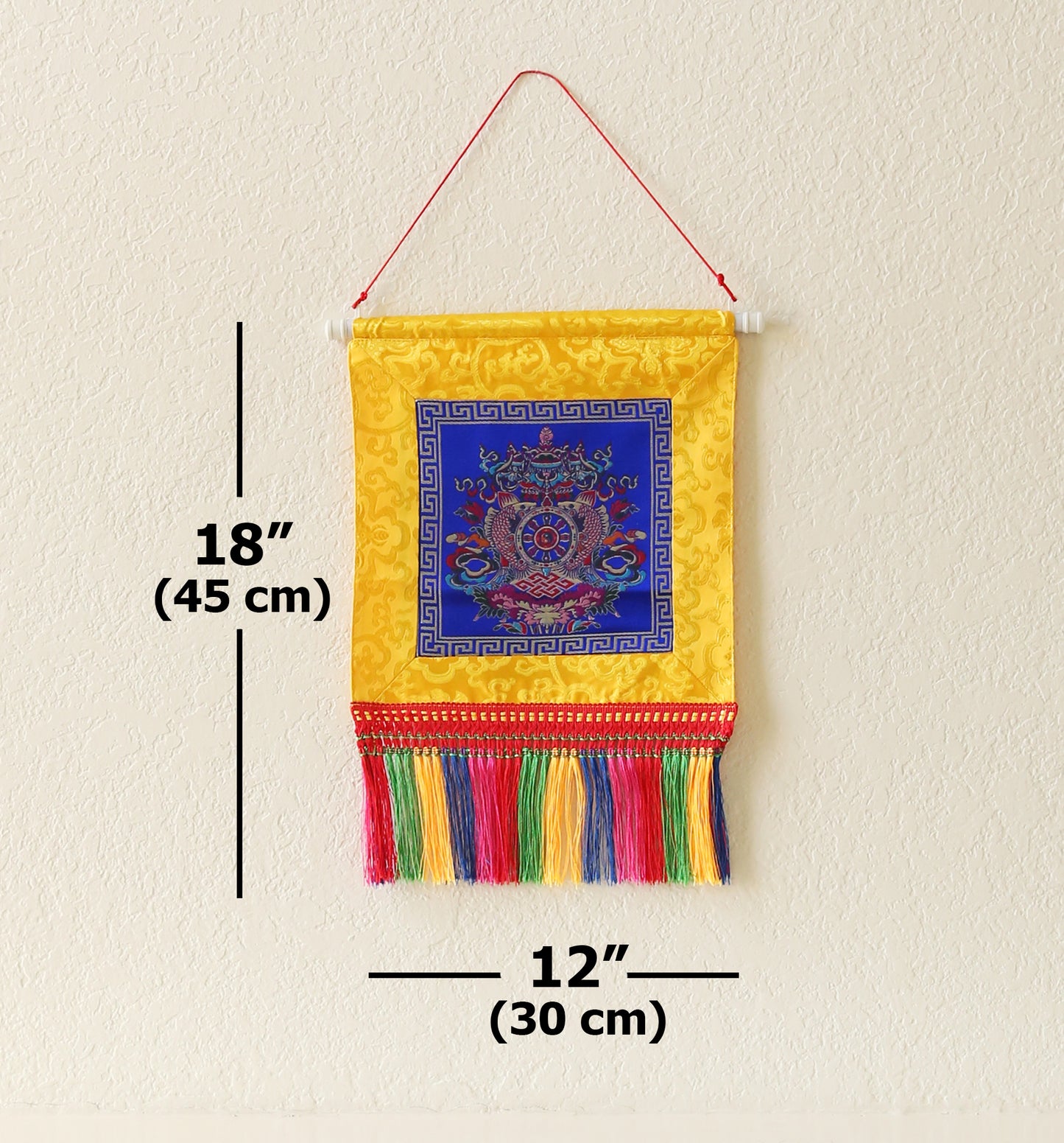 Tibetan Buddhist Ashtamangala Wall Hanging Tassels Tapestry, 18"X12", Asian Chinese Indian Wall Art Home Décor