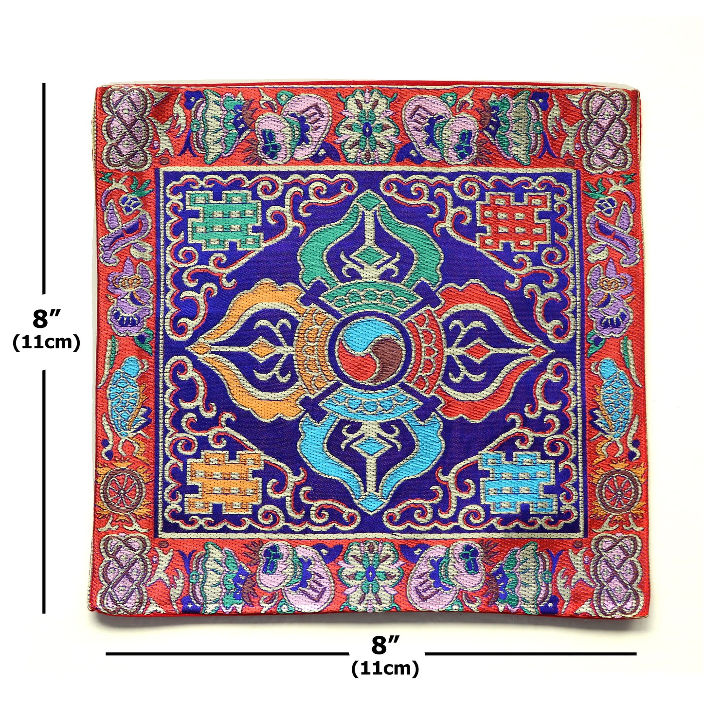 Tibetan Buddhist Cross Vajra Silk Brocade Shrine Table Cover Altar Cloth, 8”X8”, Red/Blue/Yellow
