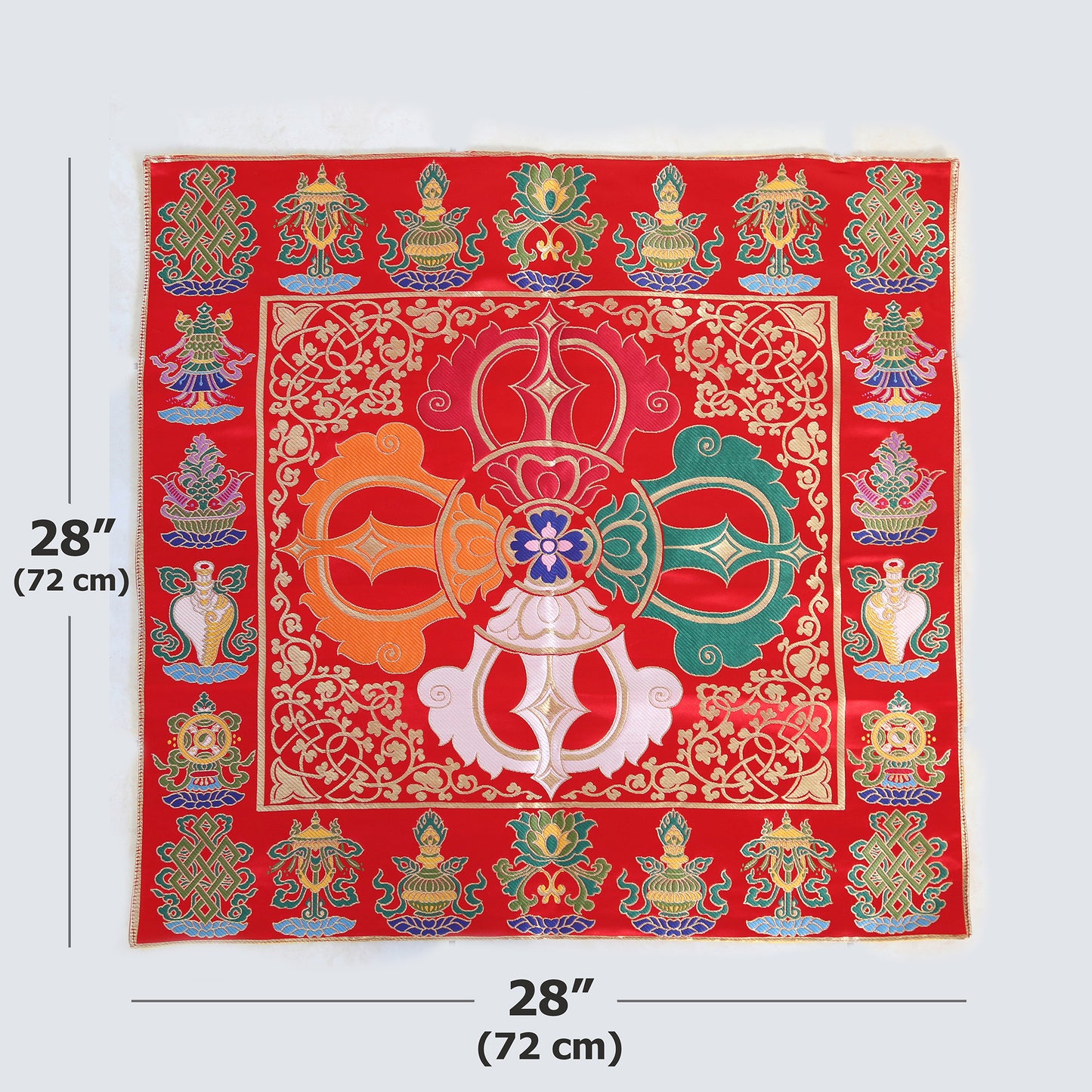Tibetan Buddhist Ashtamangala Vajra Silk Brocade Shrine Table Cover Altar Cloth, 28”X28”, Red