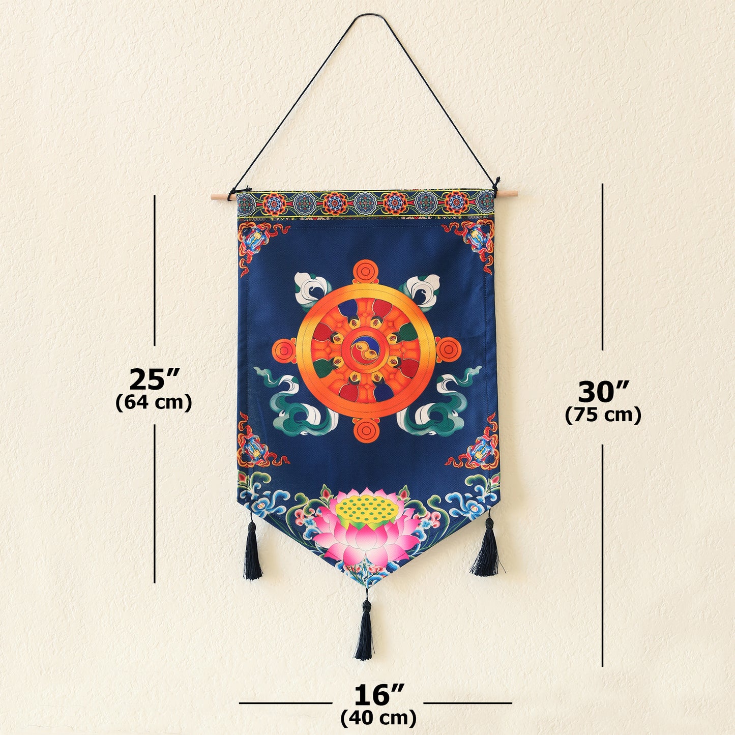 Tibetan Buddhist Golden Wheel Wall Hanging Tassels Tapestry, 25"X16" Blue, Asian Chinese Indian Wall Art Home Décor