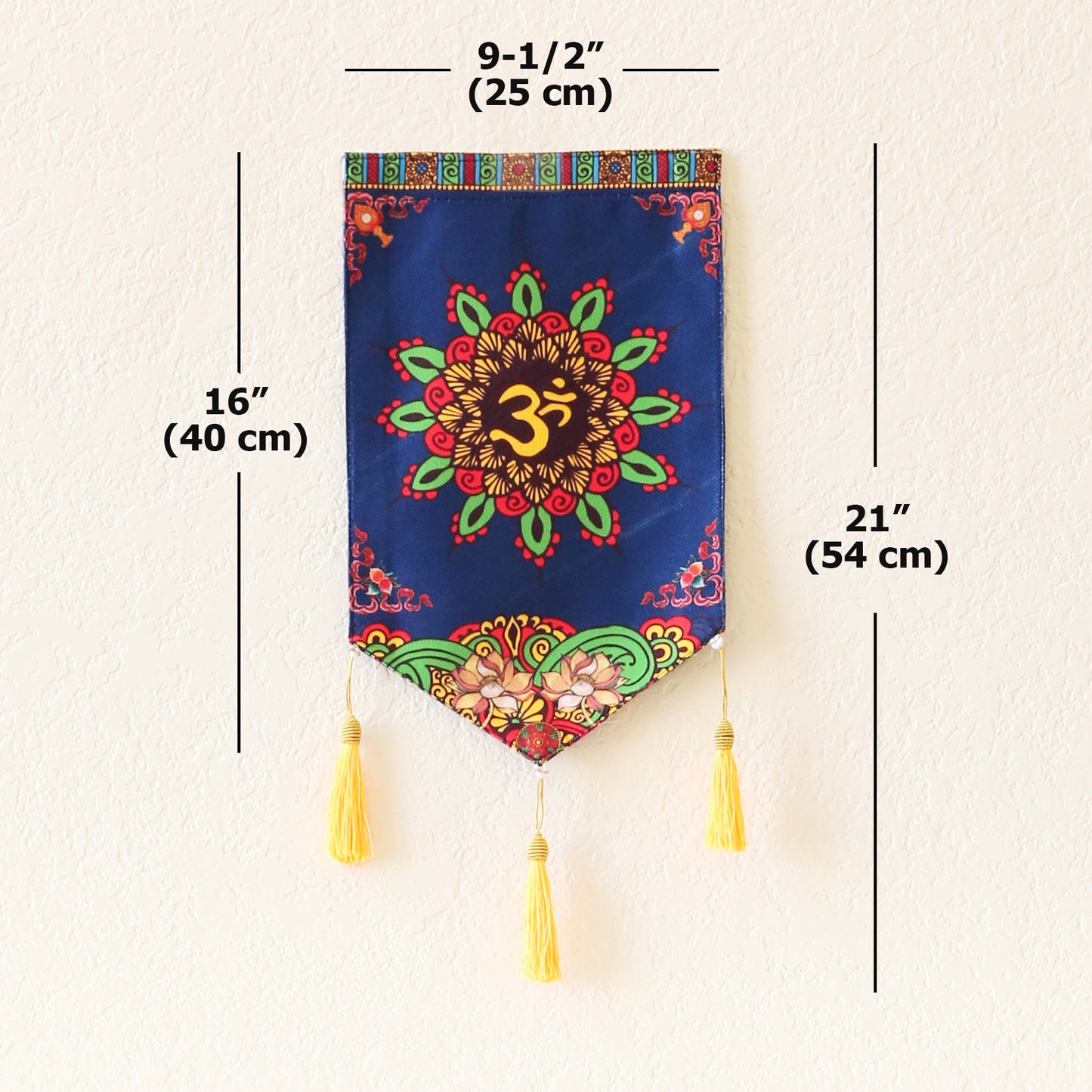 Thai Style Buddhist Om Symbol Small Canvas Tapestry Wall Hanging Tassels, 9.5"X16", Asian Chinese Indian Wall Art