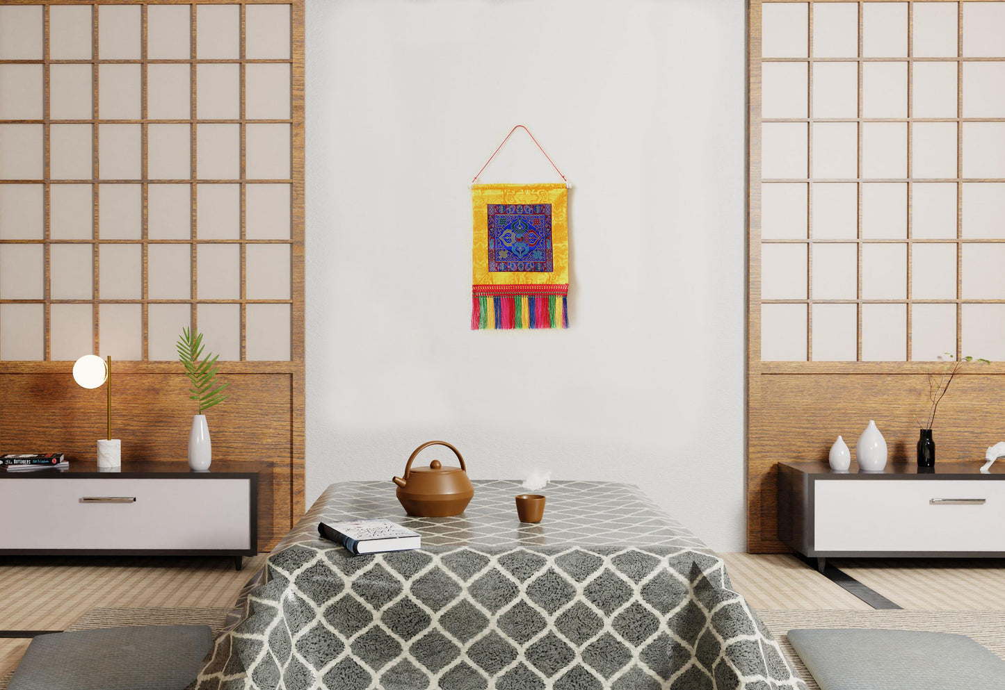 Tibetan Buddhist Cross Vajra Dorje Wall Hanging Tassels Small Tapestry, 18"X12", Asian Chinese Indian Wall Art Home Décor