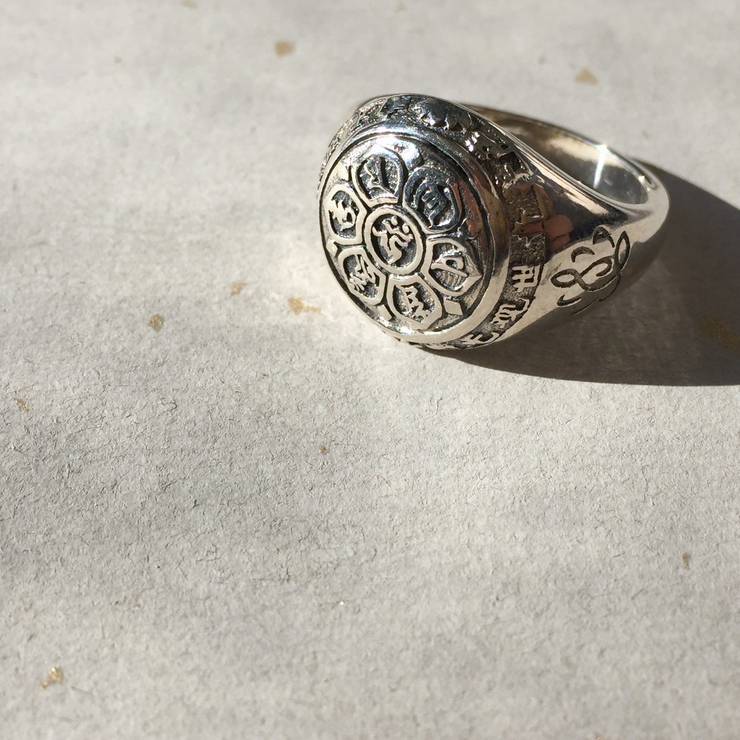 Guan Yin Bodhisattva Buddhist Prayers Symbols Sterling Silver Ring, Tibetan Buddhist Ring.
