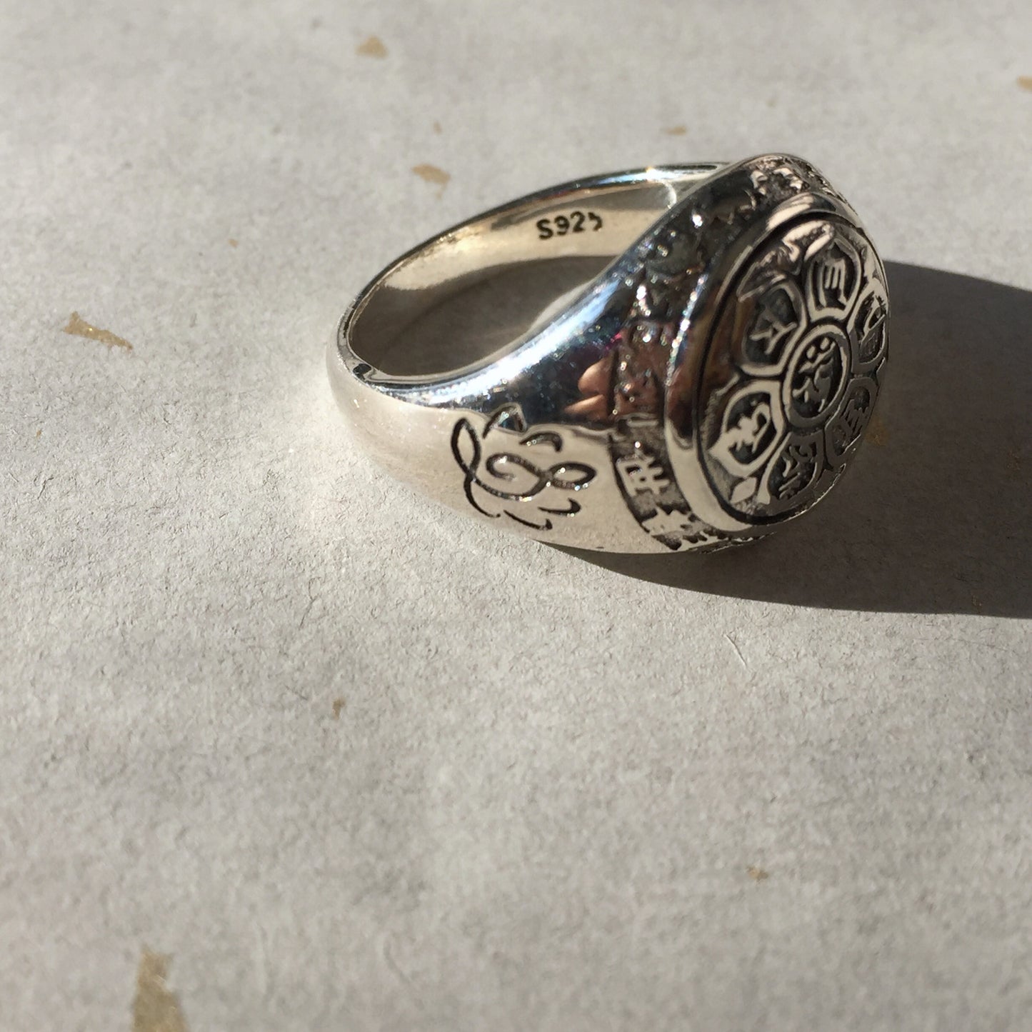 Guan Yin Bodhisattva Buddhist Prayers Symbols Sterling Silver Ring, Tibetan Buddhist Ring.