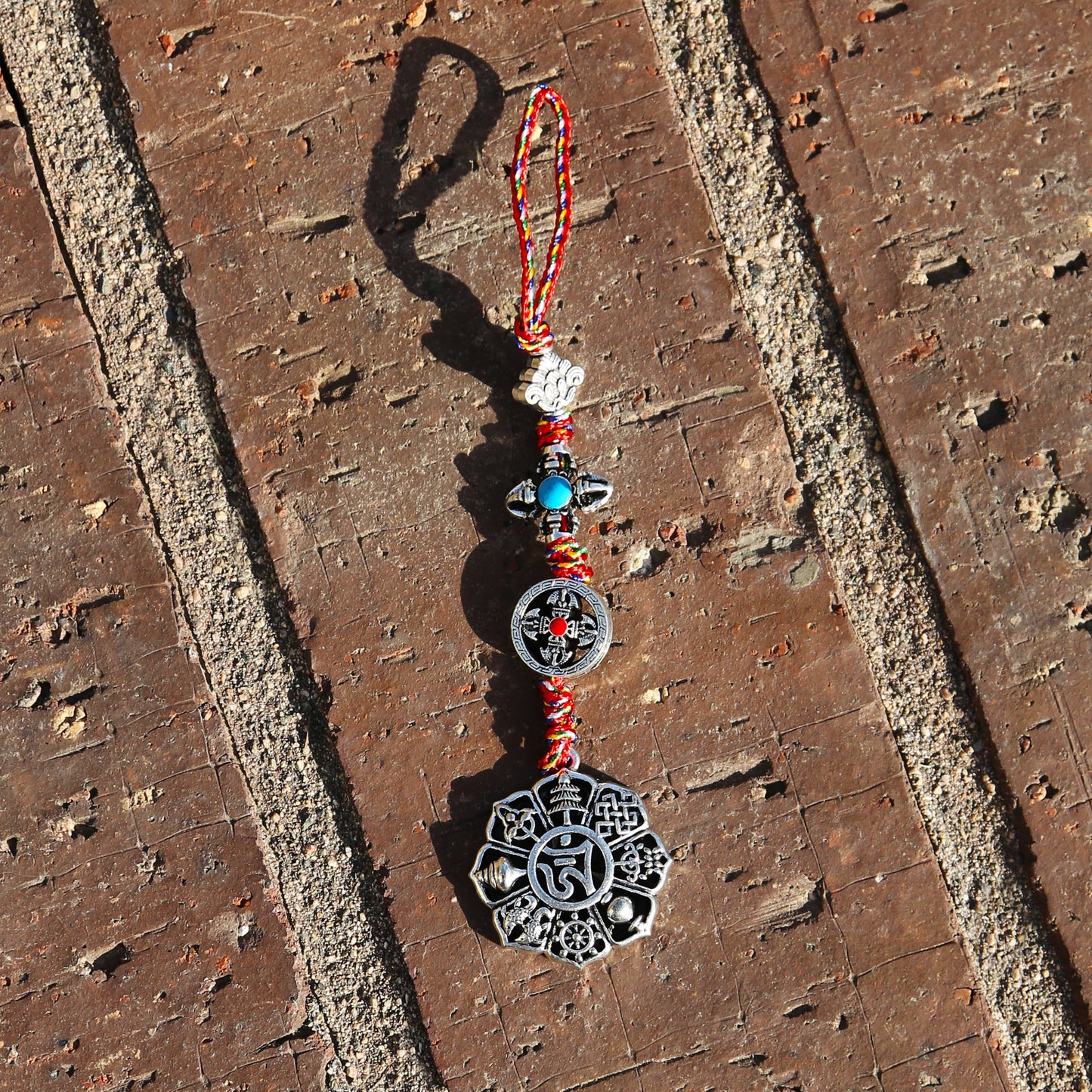 Tibetan Ashtamangala Protection Charm Keychain Lanyard, Chinese Bagua Rear View Mirror Charm, Buddhist Feng Shui Car Charm (R)
