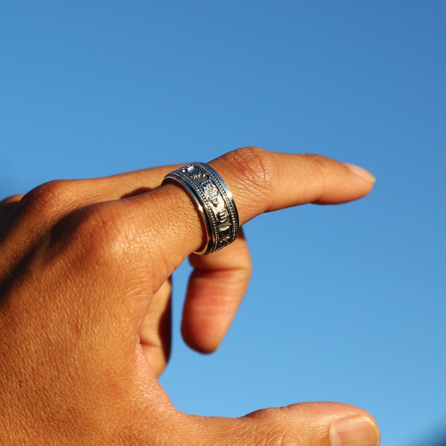 Tibetan Buddhist Prayers Symbol & Swastika Sterling Silver Spinner Ring, Mens Meditation Ring (N)
