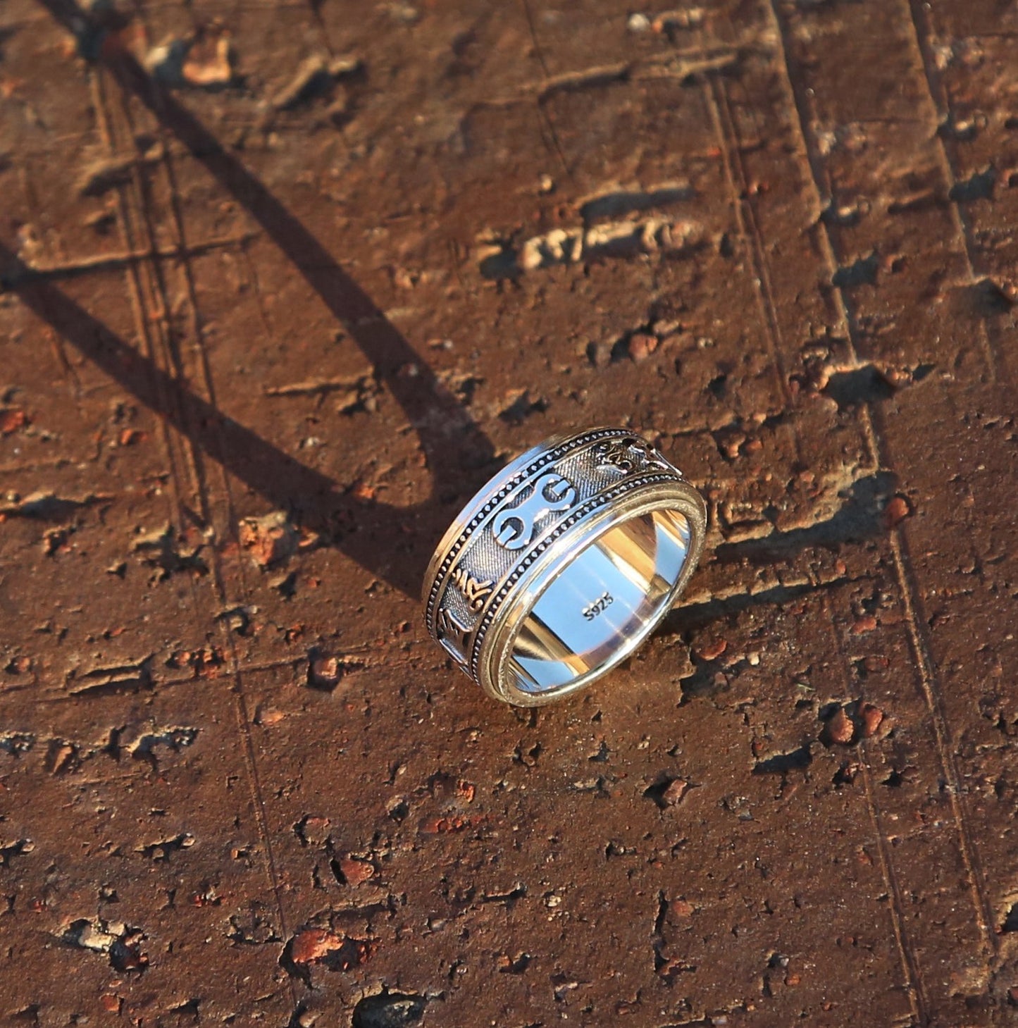 Tibetan Buddhist Prayers Symbol & Swastika Sterling Silver Spinner Ring, Mens Meditation Ring (N)